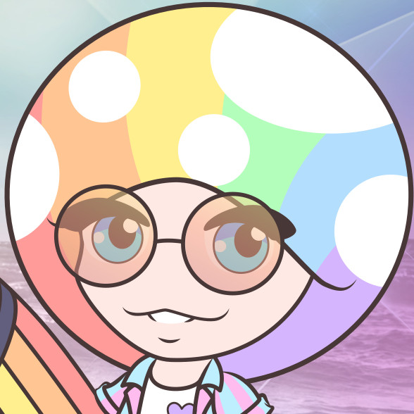 Surfer Mushy! A rainbow-colored mushroom person, wearing sunglasses and holding a progress-flag themed surfboard.