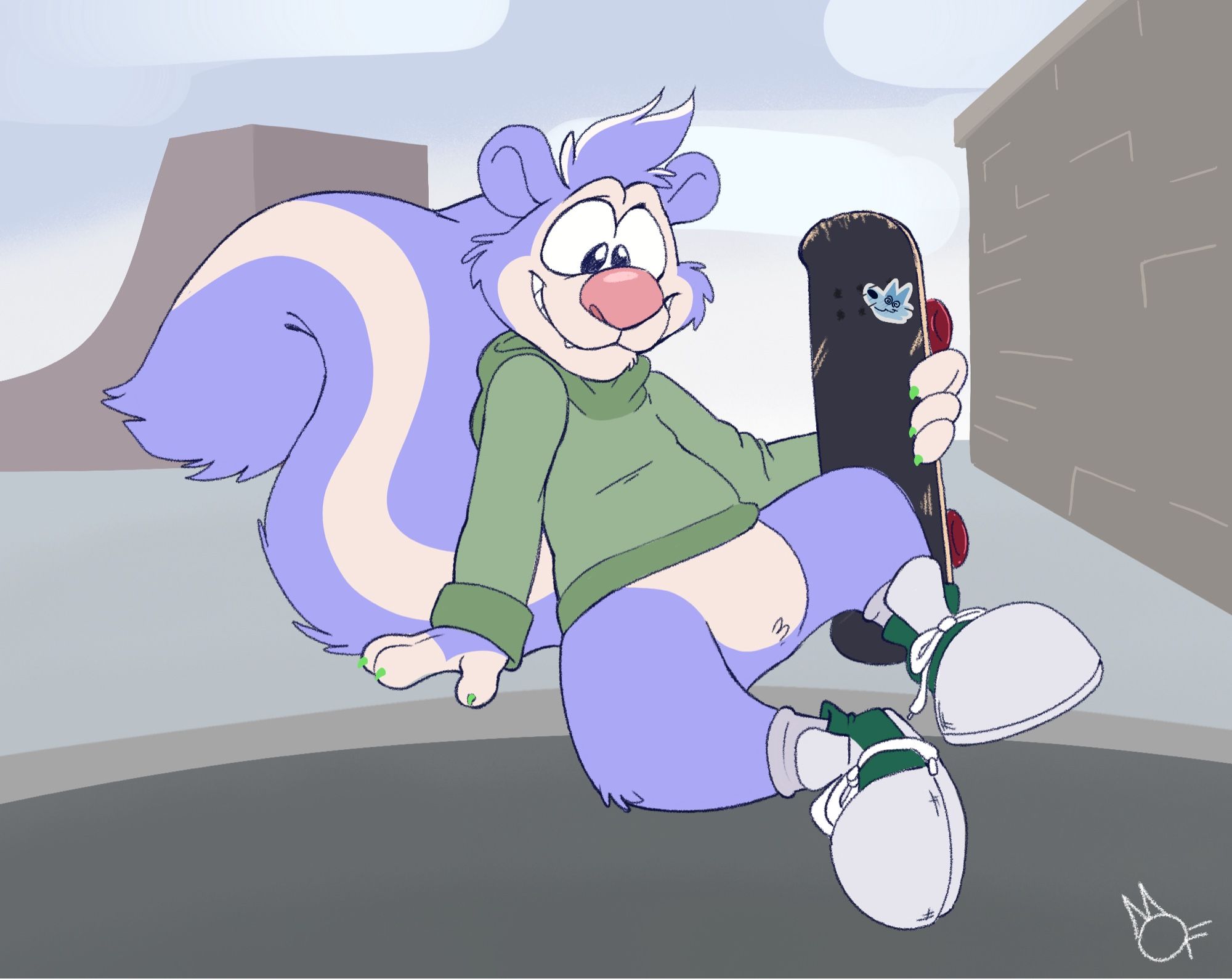 A drawing of a blue and tan skunk with a pink nose. He’s wearing a green hoodie and high top sneakers. He is sitting on the edge of a bowl at a skatepark, lounging while holding his skateboard at his side.