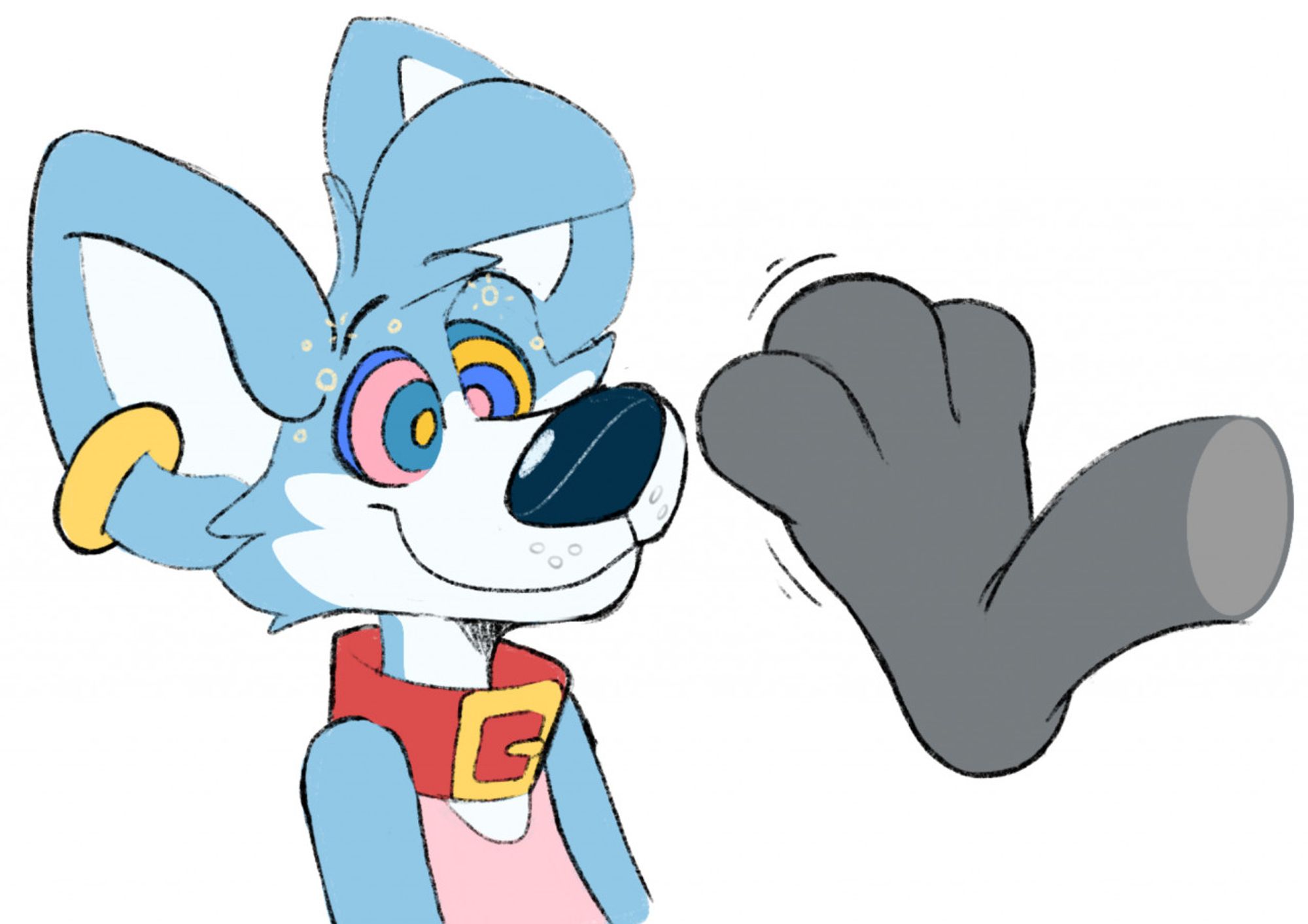 A drawing of Mana (a cartoon dog) with hypno'd eyes. He is staring at a floating disembodied cartoony footpaw, wiggling itself as if to allure Mana in to it's soft and wiggly charms.