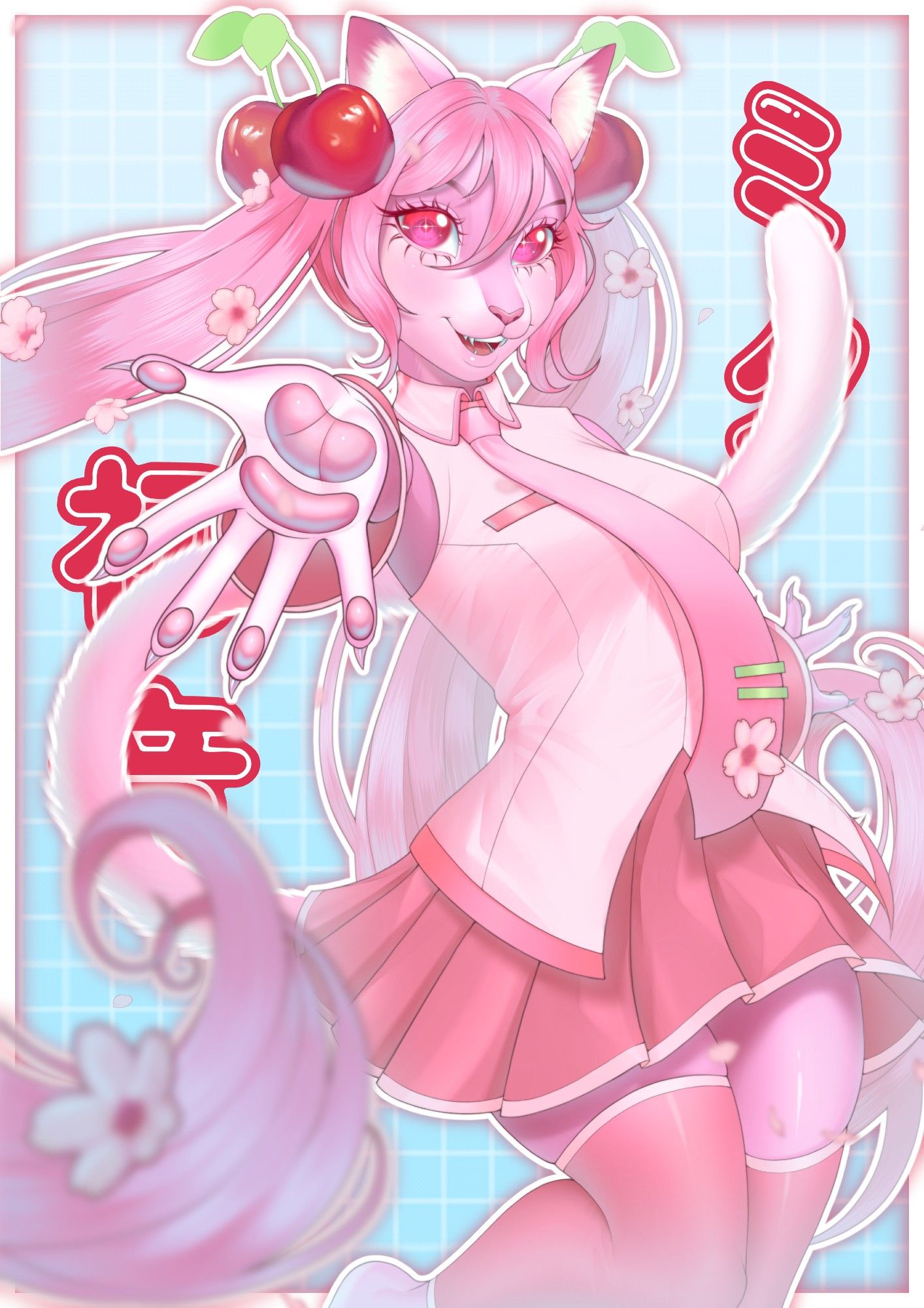 anthropomorphic pink cat girl with long pigtails with cherry flowers offering her paw to the camera standing in a blue gradient background