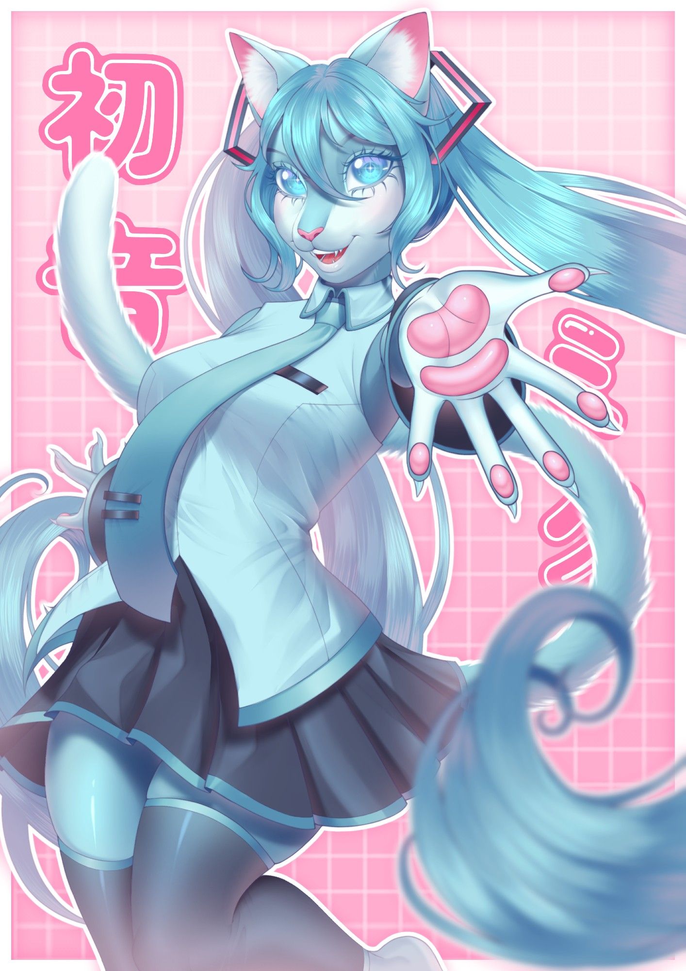 anthropomorphic blue cat girl with long pigtails offering her paw to the camera standing in a pink gradient background