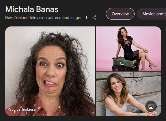 A selection of images of actress Michala Banas, two of which are professional photoshoots, but the main one is an Instagram pic of her making an extremely silly face