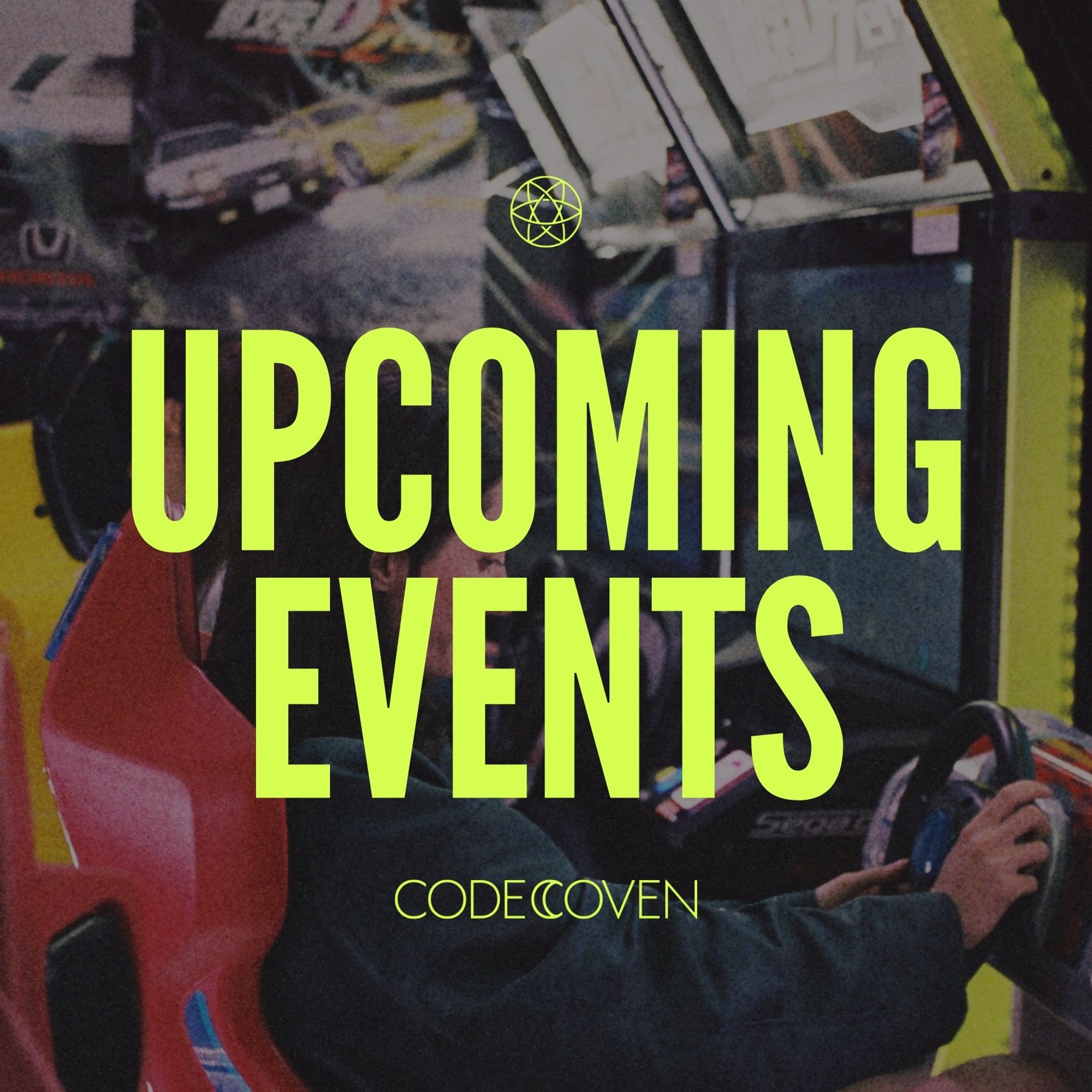 A photo of a woman playing an arcade game with the words "Upcoming events," overlayed.