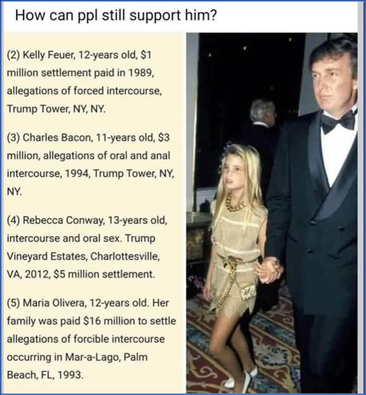Donald Trump holds hands with a 12-year-old pretty girl, 30 years ago. On the left a record of his settlements for raping only four children between age 11 and 13. He paid out 25 million to hush up those four rapes alone. 