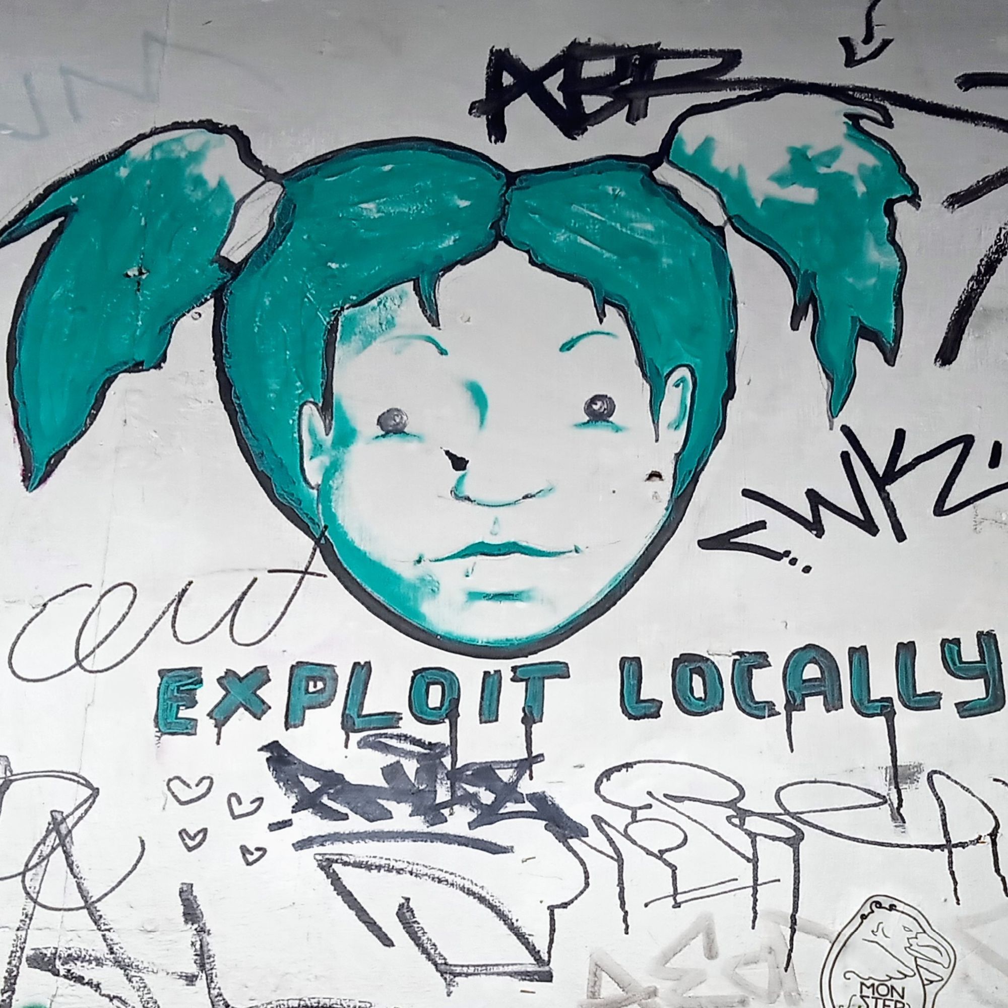 Graffiti of a girl with blue hair and two ponytails, written beneath "exploit locally"