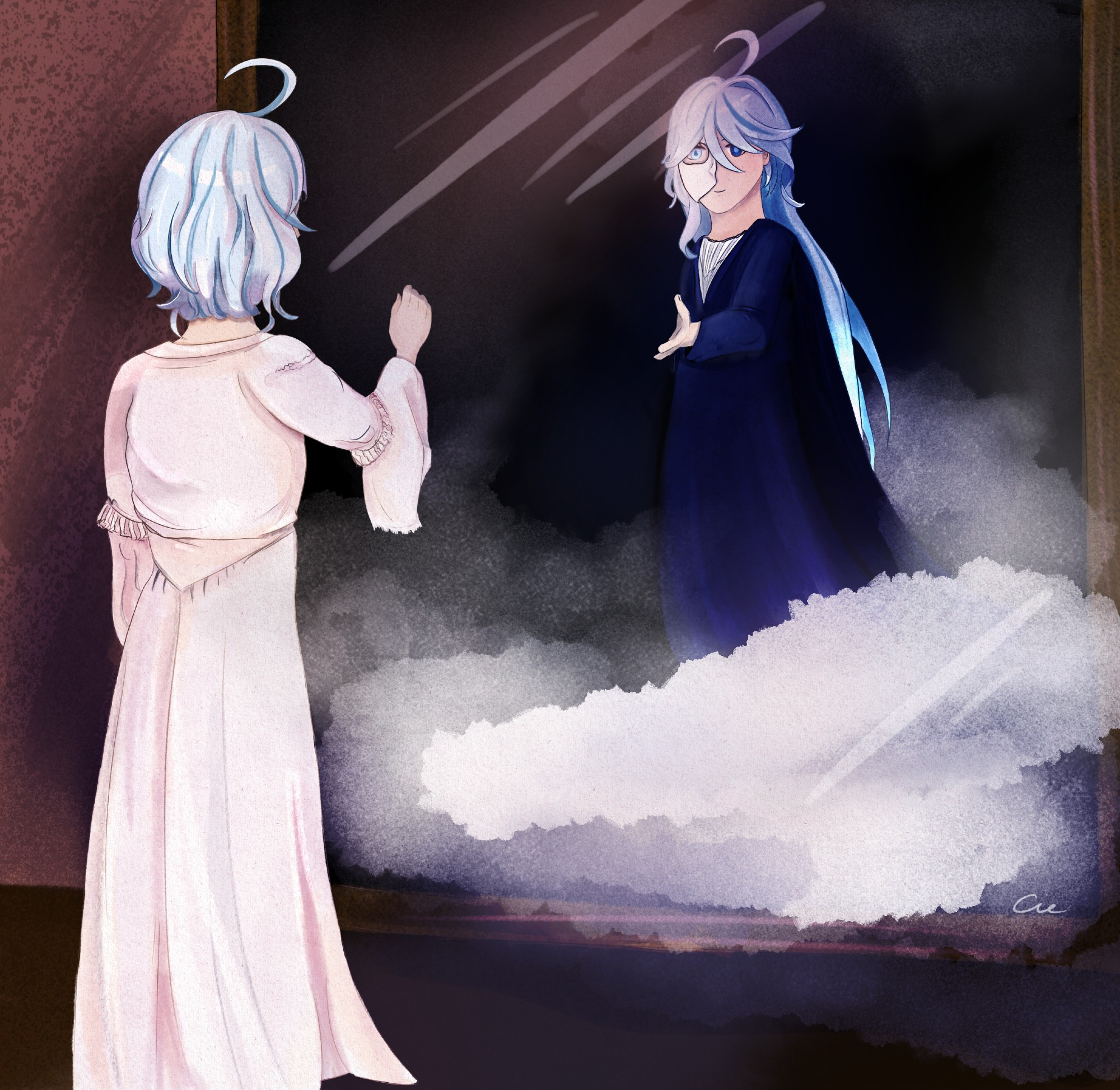 Art of Furina as Christine and Focalors as the Phantom of the Opera. They are facing each other and Furina is reaching out to Focalors like in the mirror scene from the musical.