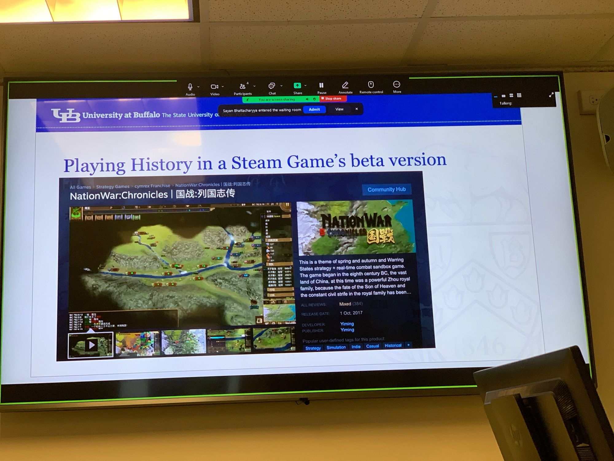 Shu Wan’s slide featuring his choice of game for his history students: Nation Wars. Each student chooses a nation to play.