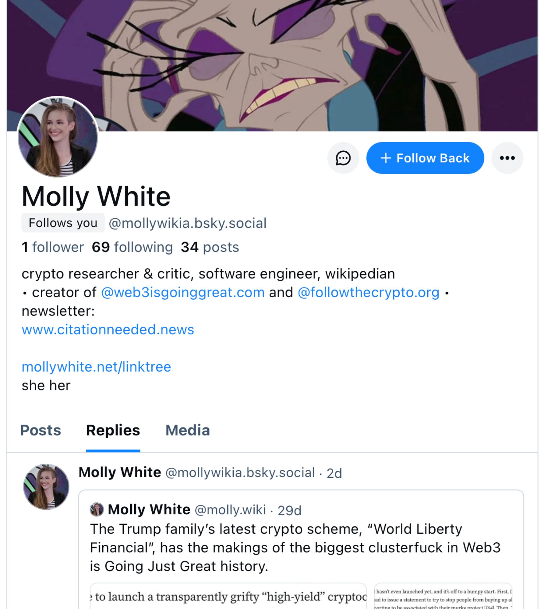 a fake bluesky profile of crypto critic Molly White