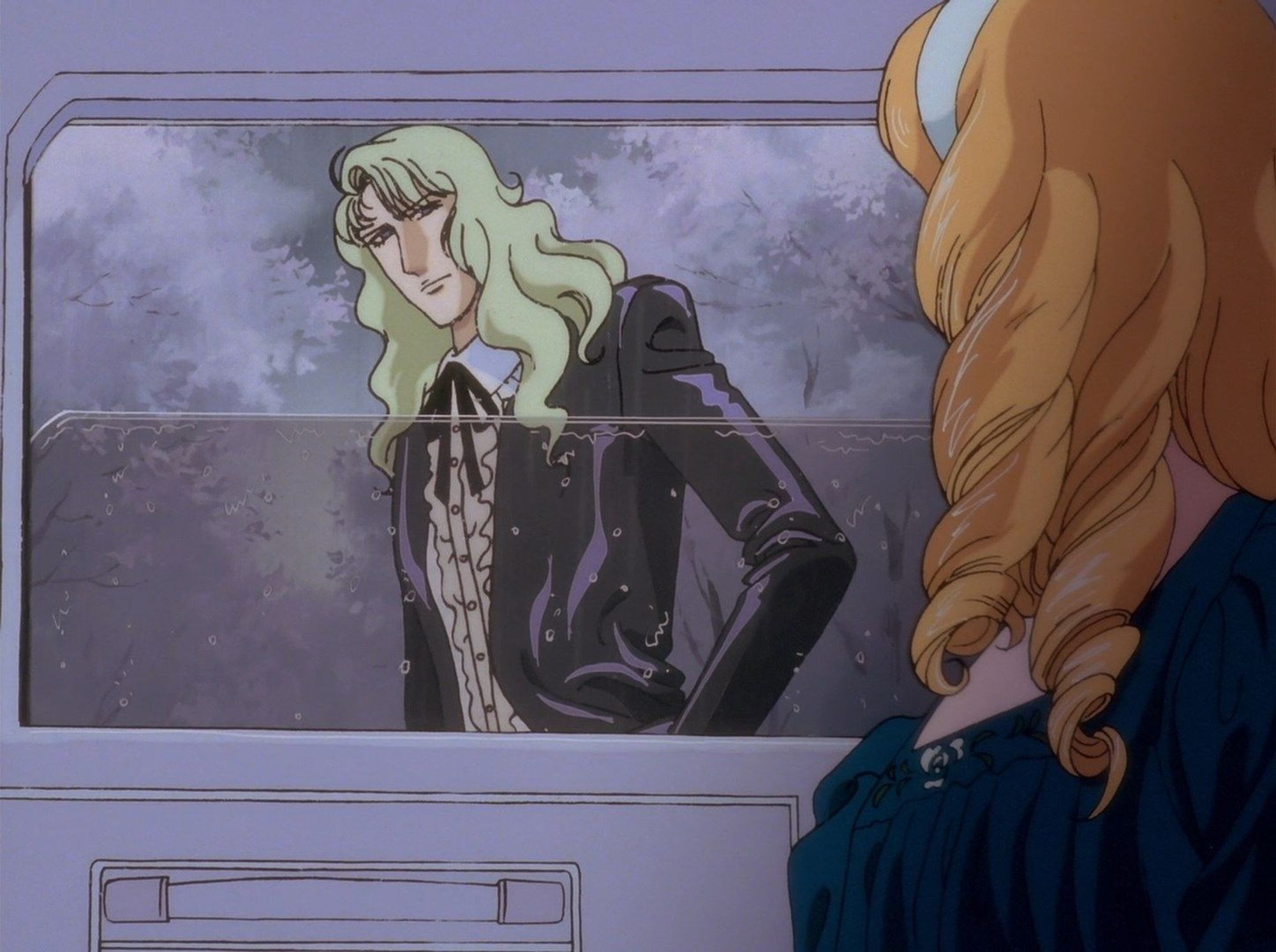 inside a car with fukiko looking out the window, rei standing outside in the rain looking back at us 