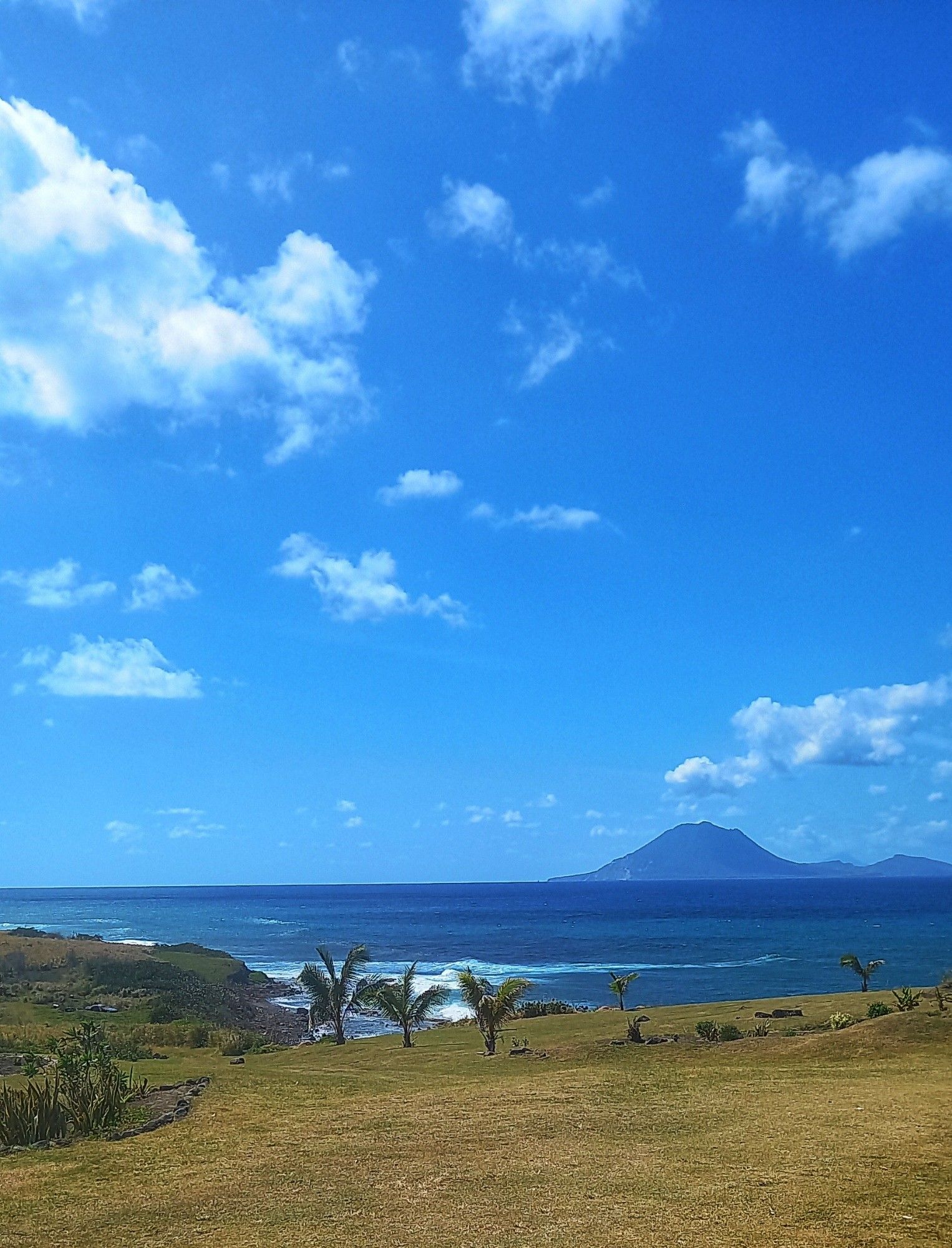 A view of a distant island on the horizon with waves breaking on the shore. The landscape is brown, dotted by small coconut palms