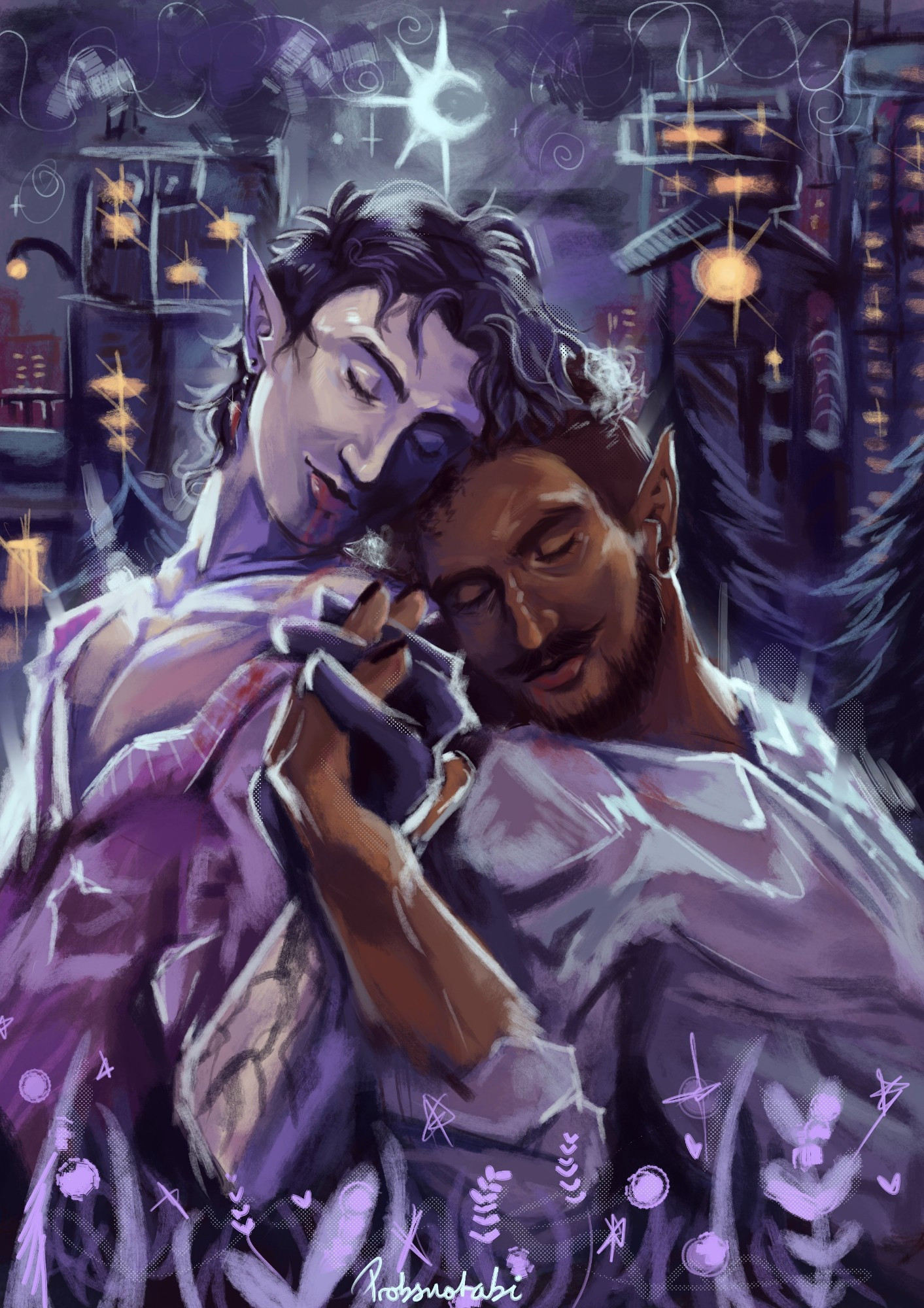 Digital painting of Deacon Keller and Arthur Bennett leaning on one another in the night, holding hands.