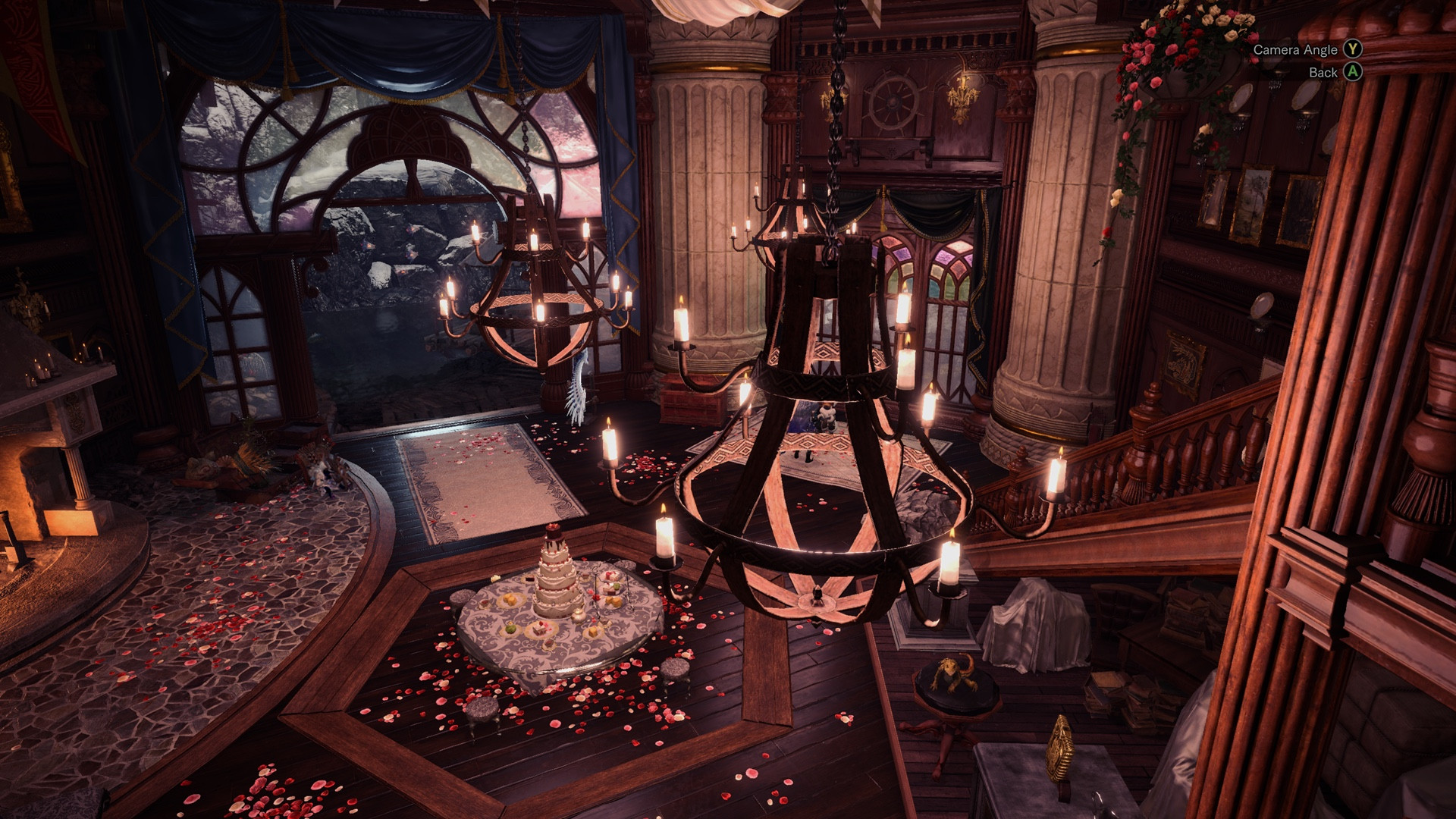 the player's customizable room in monster hunter world iceborne, specifically mine, heavily decorated with art of the walls, fancy decor lighting, marble pillars, rose petals, and many other items