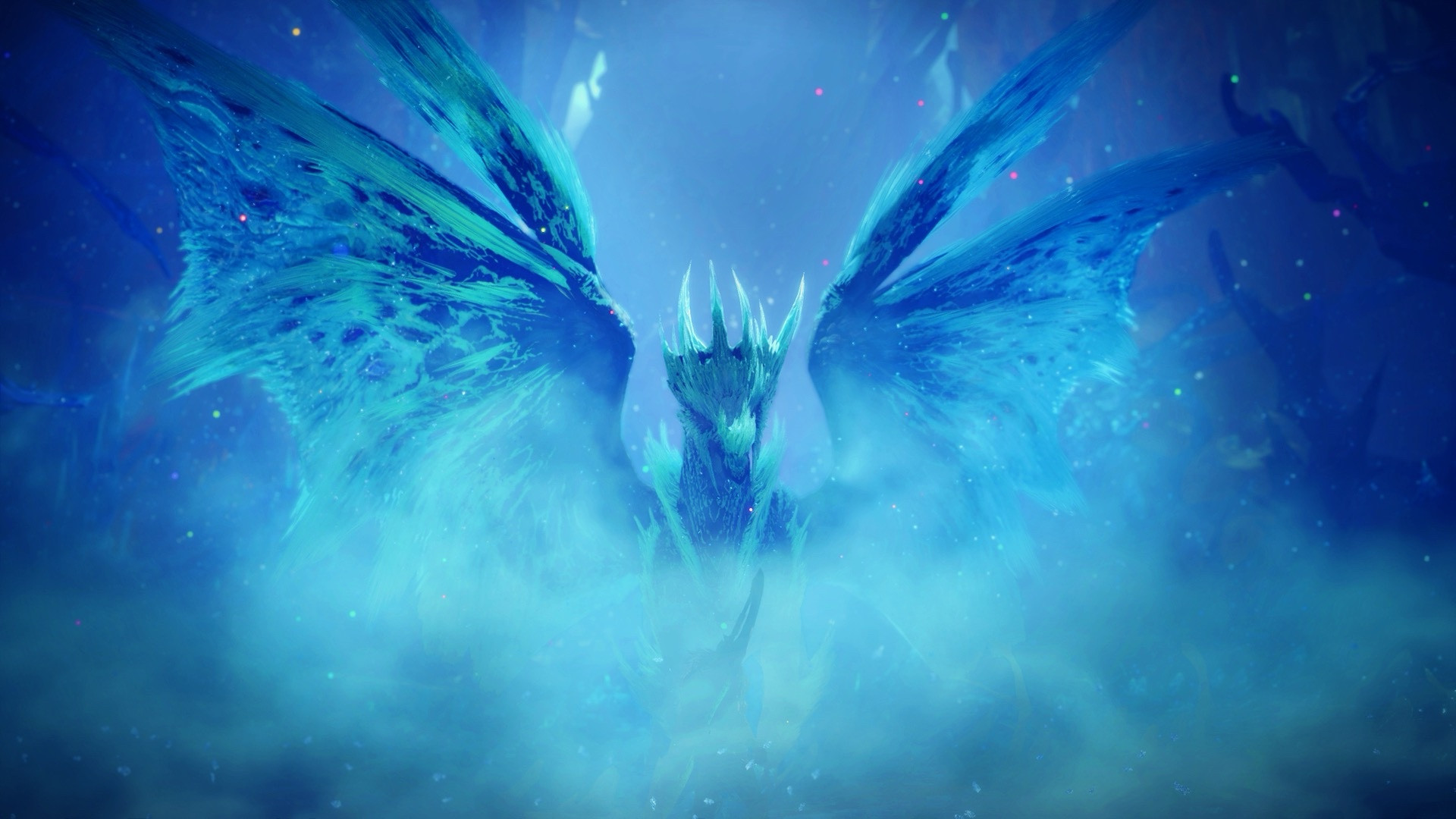 High saturation image of velkhana from monster hunter world iceborne, entering from a light blue cloud of snow