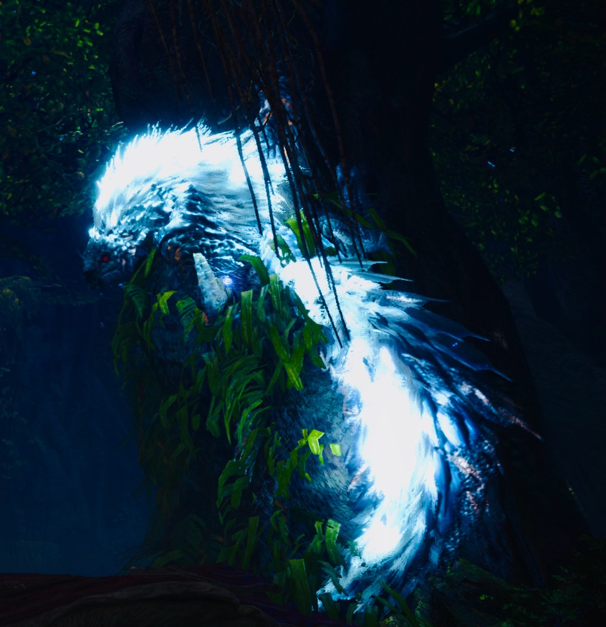 tobi kadachi from monster hunter world on a tree, picture with high saturation to highlight the monster better