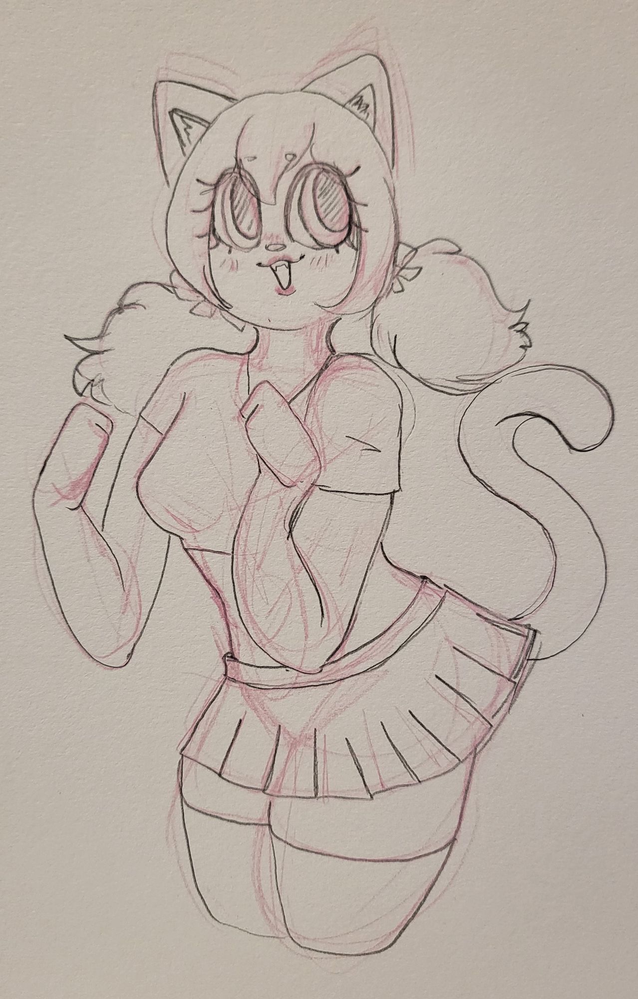 Cat girl wearing her hair in pigtails, she's wearing a crop top, a short pleated skirt and thigh highs