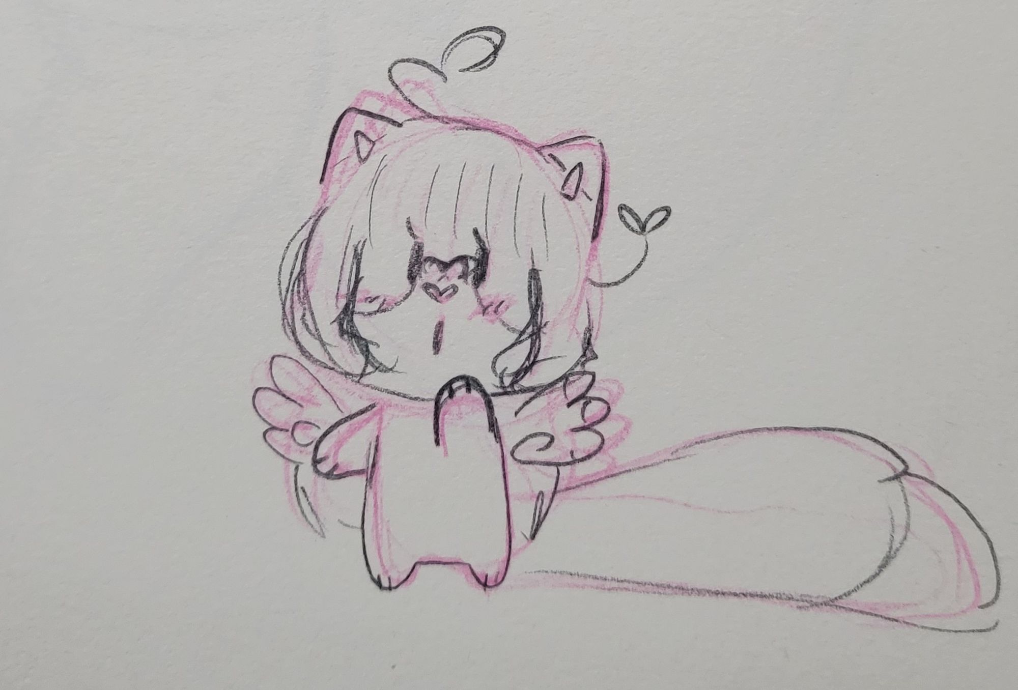 Drawing of an Anthropomorphic cat chibified, one paw is on her chin and she has a o . o face