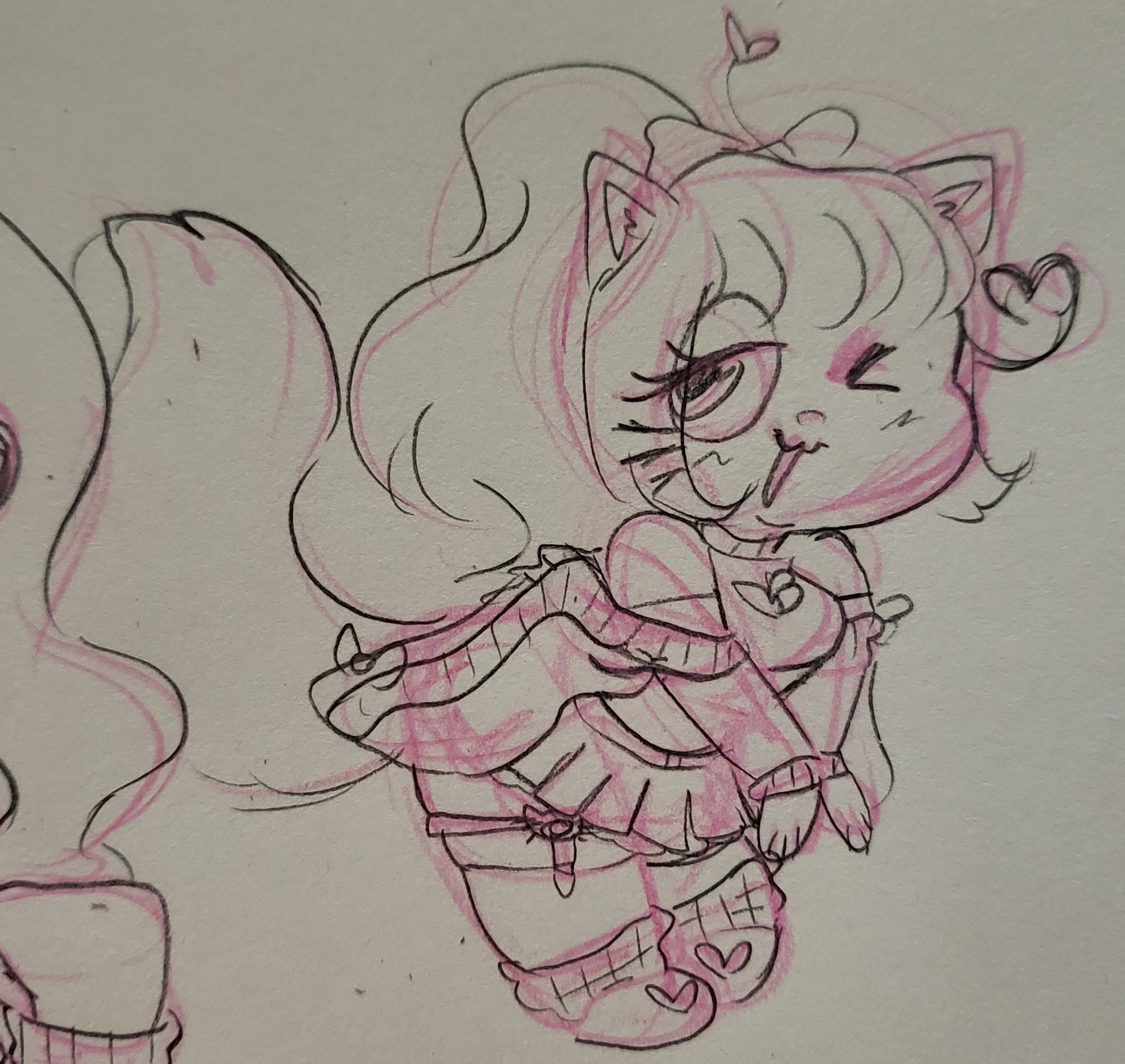 Chibi drawing of a nekomimi cat girl with a high ponytail, wearing a cardigan and a top with a peach shaped cutout, pleated skirt, legwarmers, high thigh socks with garters