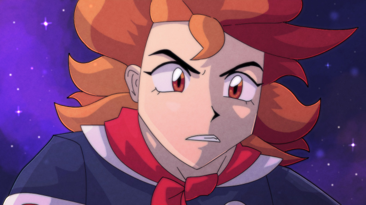 Digital art intended to resemble old-school anime cels. The character is a girl with red-orange eyes, orange hair, and a school uniform with a red bandana. She has a fierce expression and the background is a blue and purple sky full of stars.