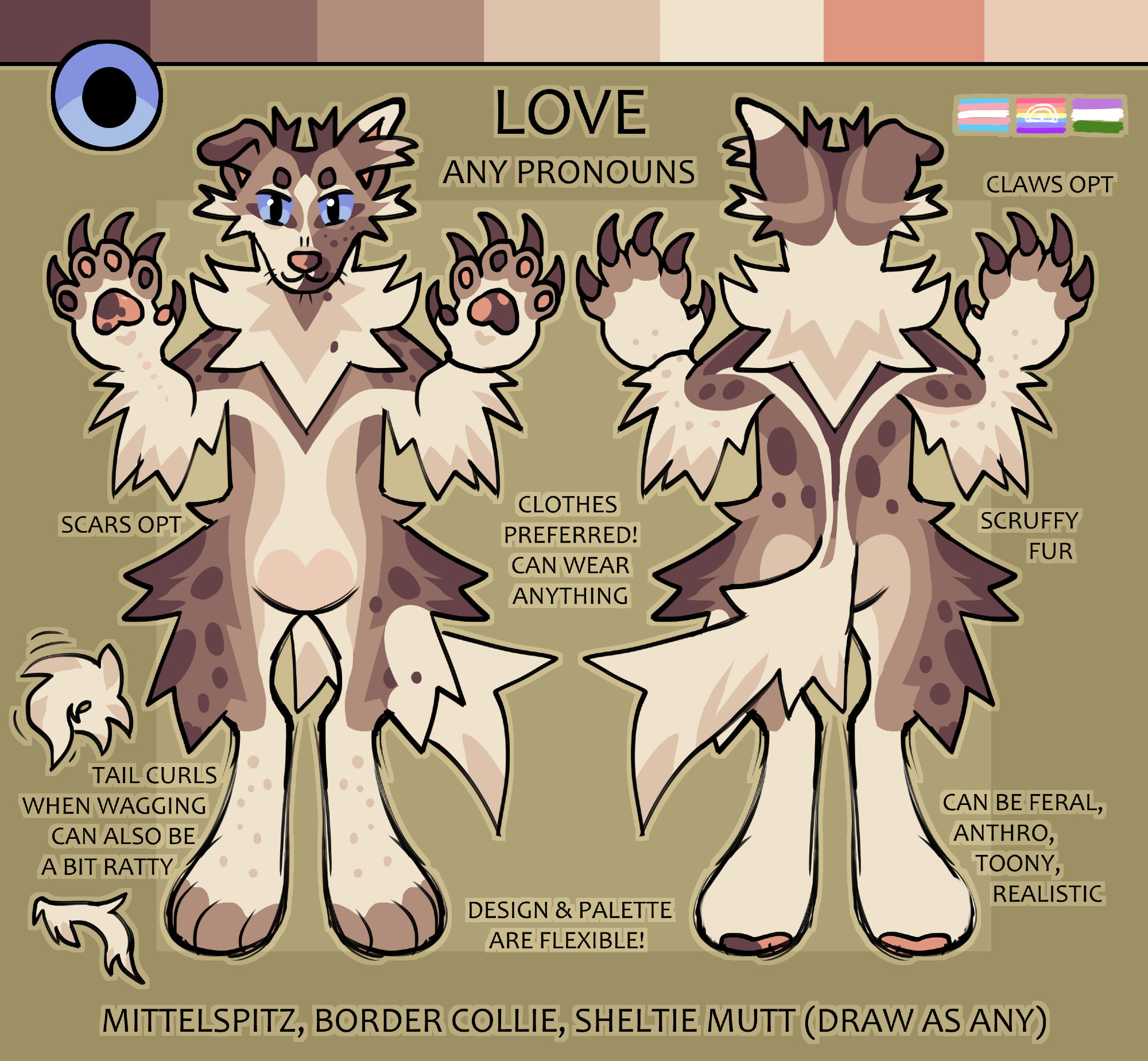 Digital reference sheet of a cartoony anthro lilac/sable merle mittelspitz/border collie/sheltie mutt named Love