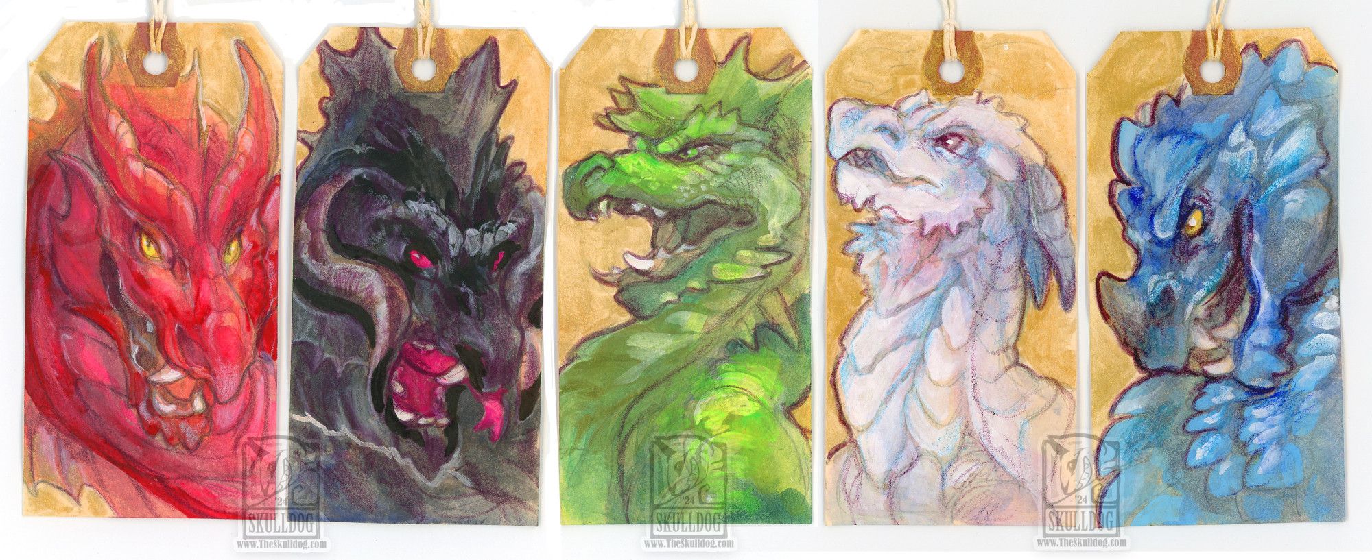 A serious of small tags with colorful dragon headshots, from left to right. Red, Black, Green, White and Blue.