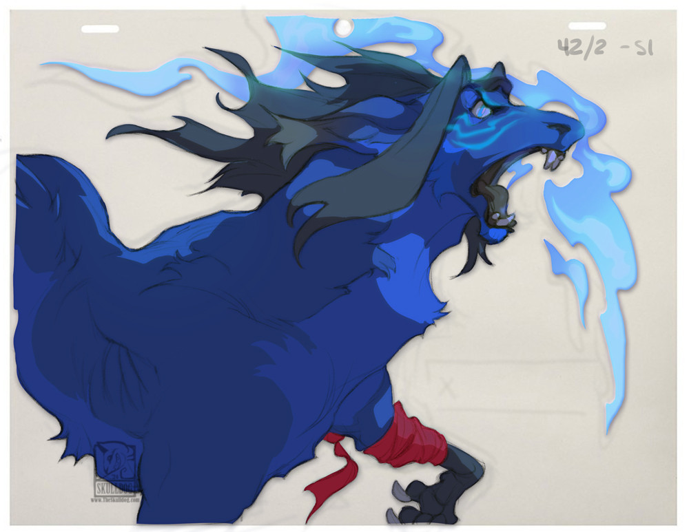 A blue canine like creature runs with mouth open as blue flame flows behind him.