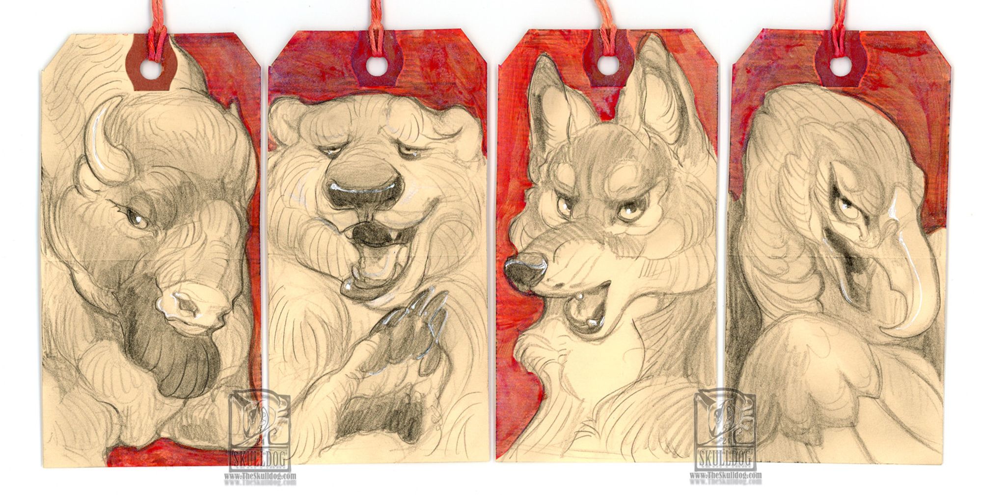 A serious of pencil tags with red background, each featuring left right: buffalo, bear, coyote and hawk.