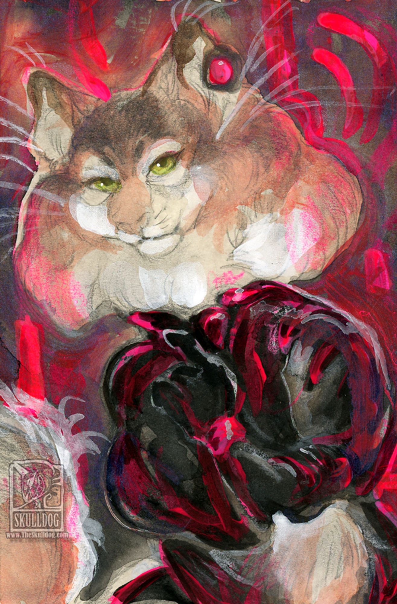 A female anthro cat in a leather body suit, fur puffing around the edges, set against a pink backdrop.