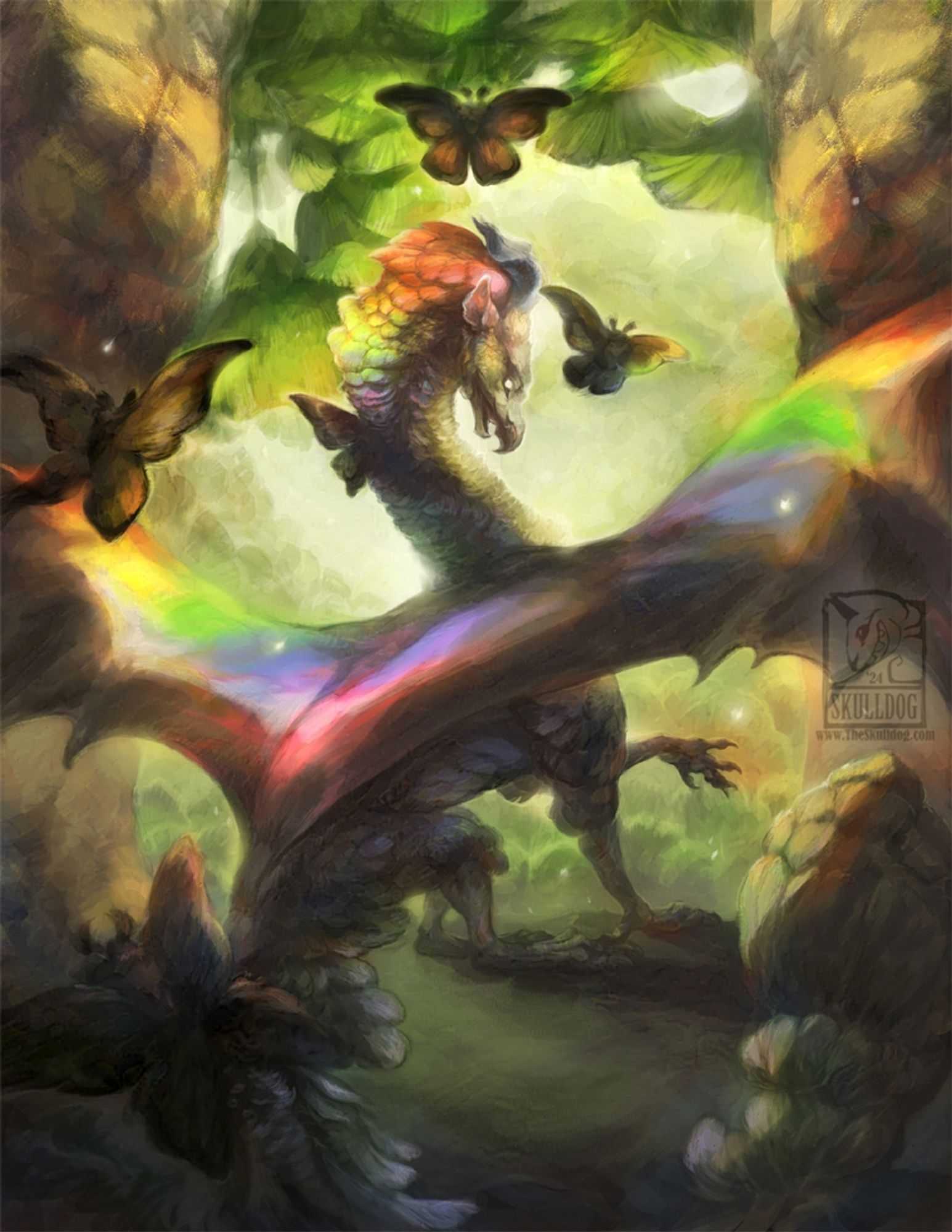 A feathered dragon engulfed in rainbow light, while surrounded with a flight of moths picking up accents of the colors, against a bright forest setting.