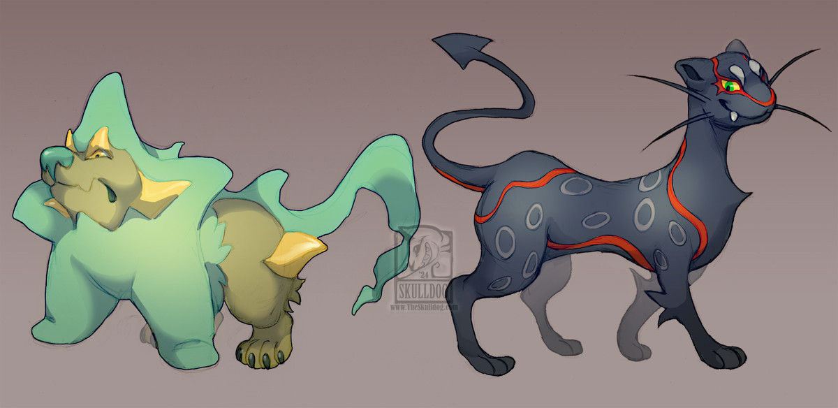 Pokemon fanart featured leaked beta designs, left a large green and brown dog with yellow accents related to Manetric, right beta Liepard in black with red stripes and pointed tail tip.