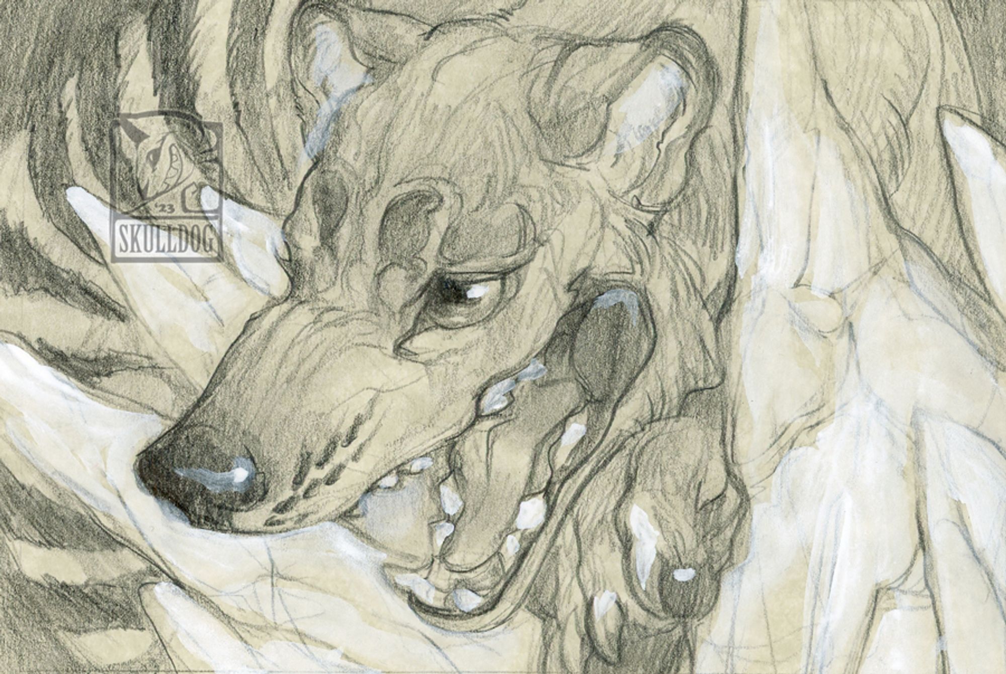 Close up shot of a thylacine grinning and peering out around crystal formations.