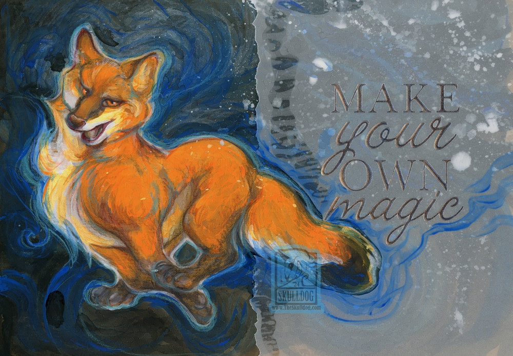 A red fox runs along a dark backdrop with silver lettering that reads; make your own magic.