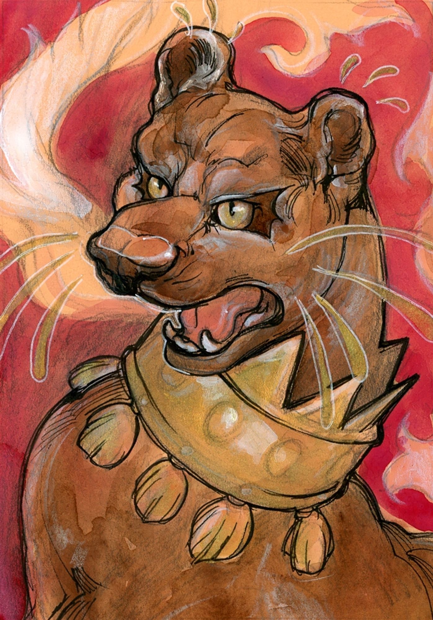 A watercolor fossa with golden crown and open mouth.