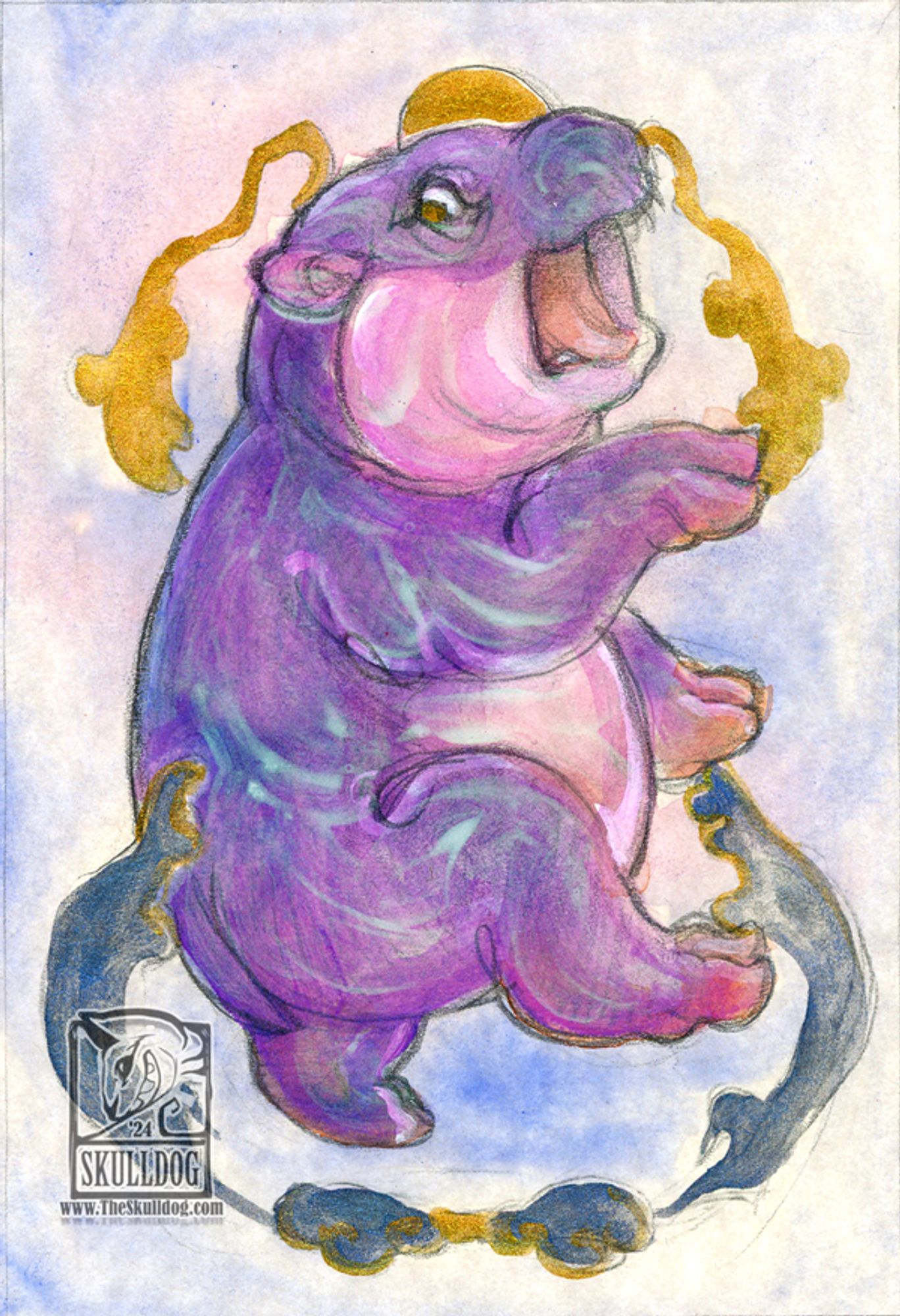 A watercolor painting of a small purple hippo calf looking shocked, while standing heraldic style surrounded with gold and blue accents.