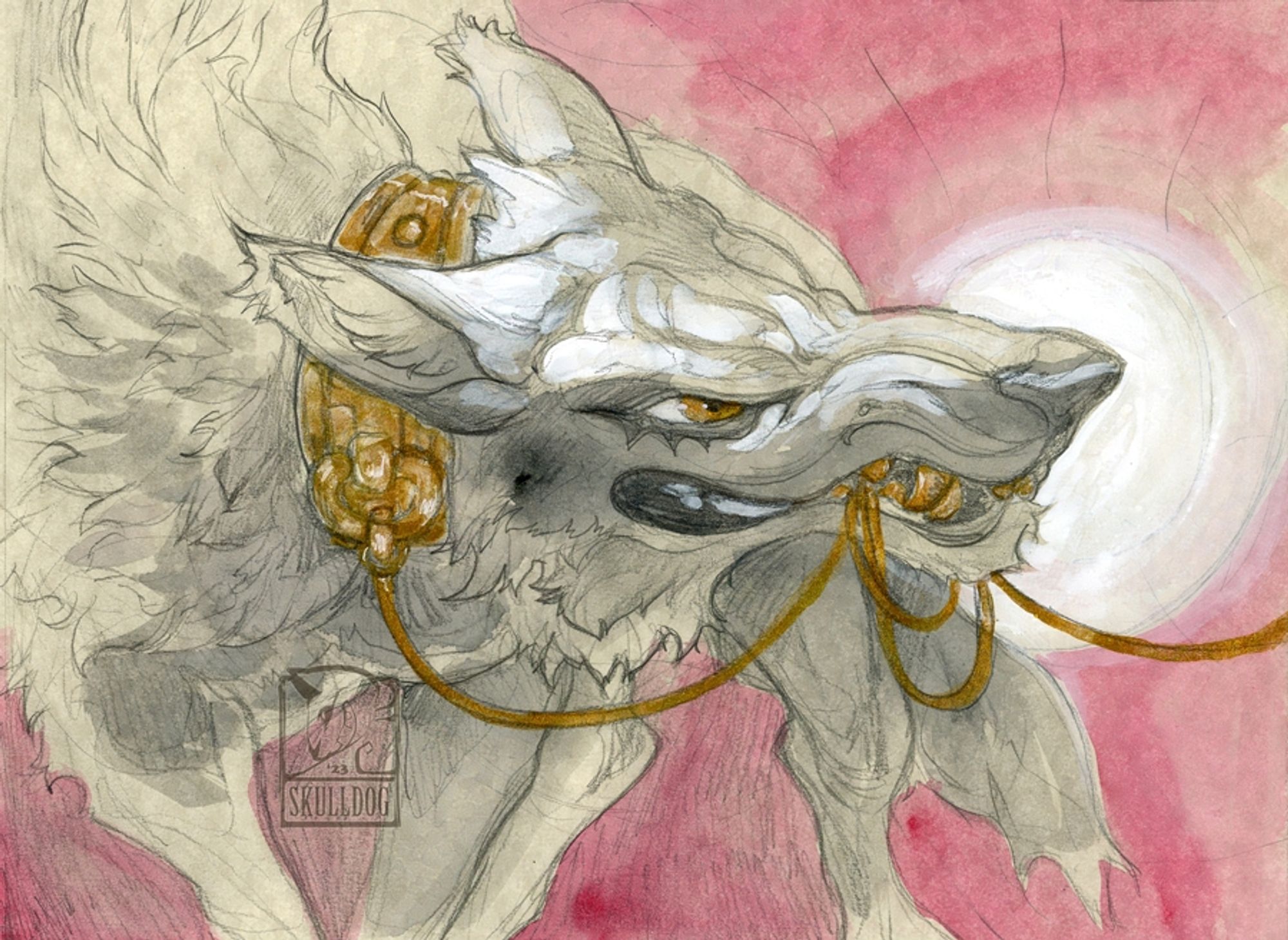 A grinning canine with gold teeth holds a golden thread attached to it's collar.