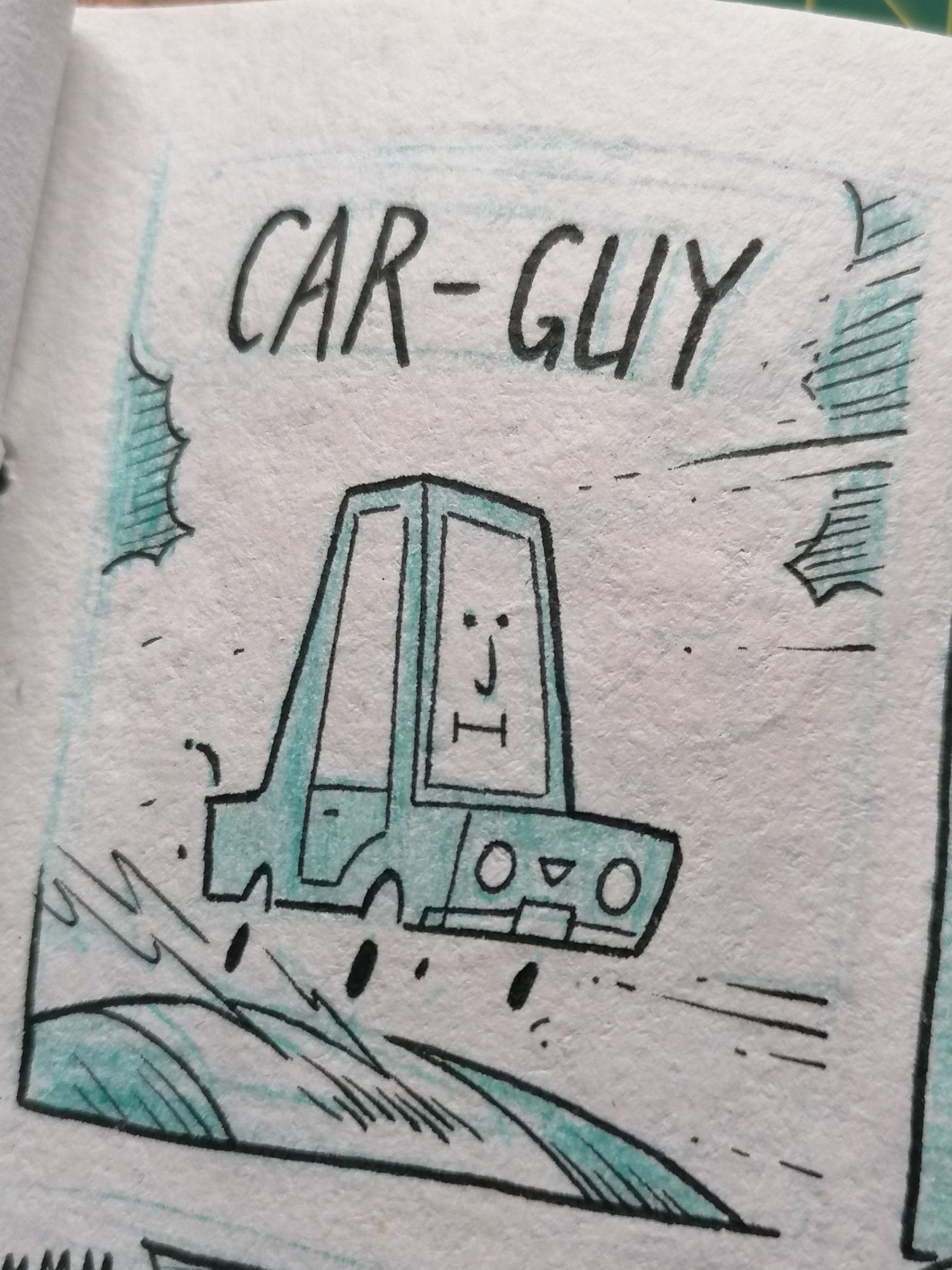 A super simple drawing of a car, zooming along a road. There is a face on its windscreen, and the title "CAR-GUY" is top of frame