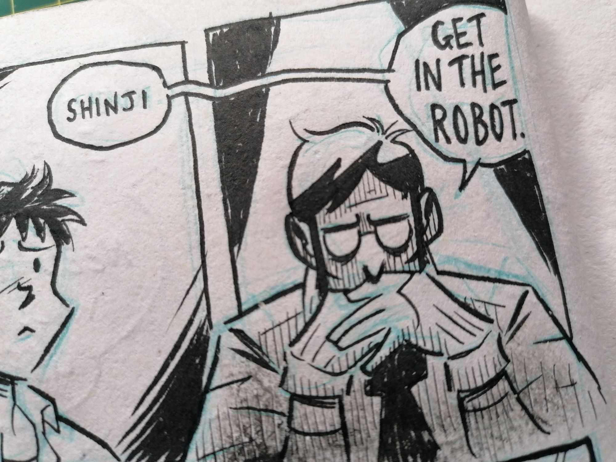 A snippet of a sketchbook comic I've drawn, in which Gendo Ikari --doing *that* pose-- kindly asks his son, Shinji, to get in the robot.