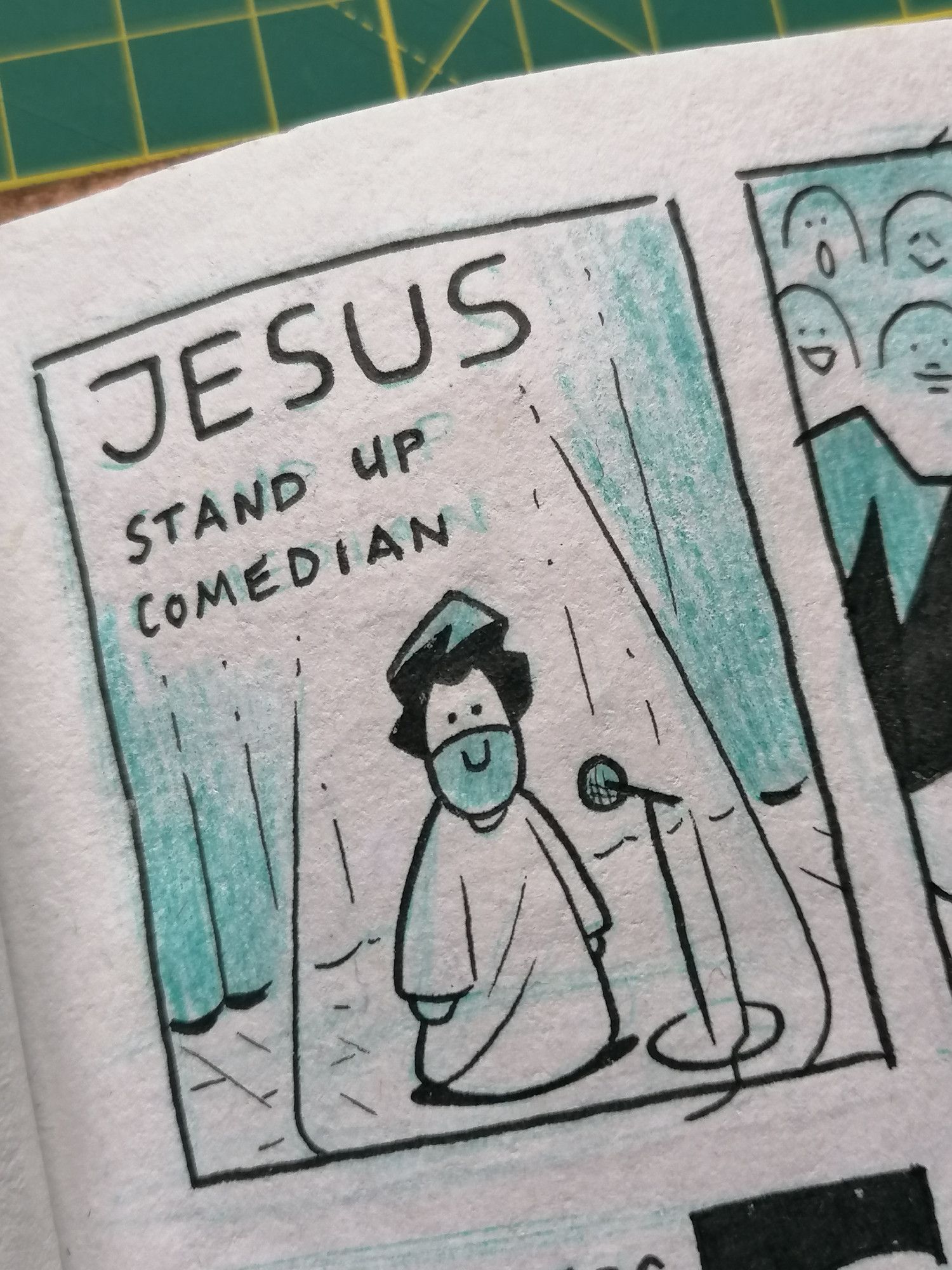 A panel from a sketchbook comic depicting a super simple version of Jesus --yeah, that Jesus-- standing under a spotlight on a stage with a mic before him. The title "JESUS: Stand Up Comedian" is above him