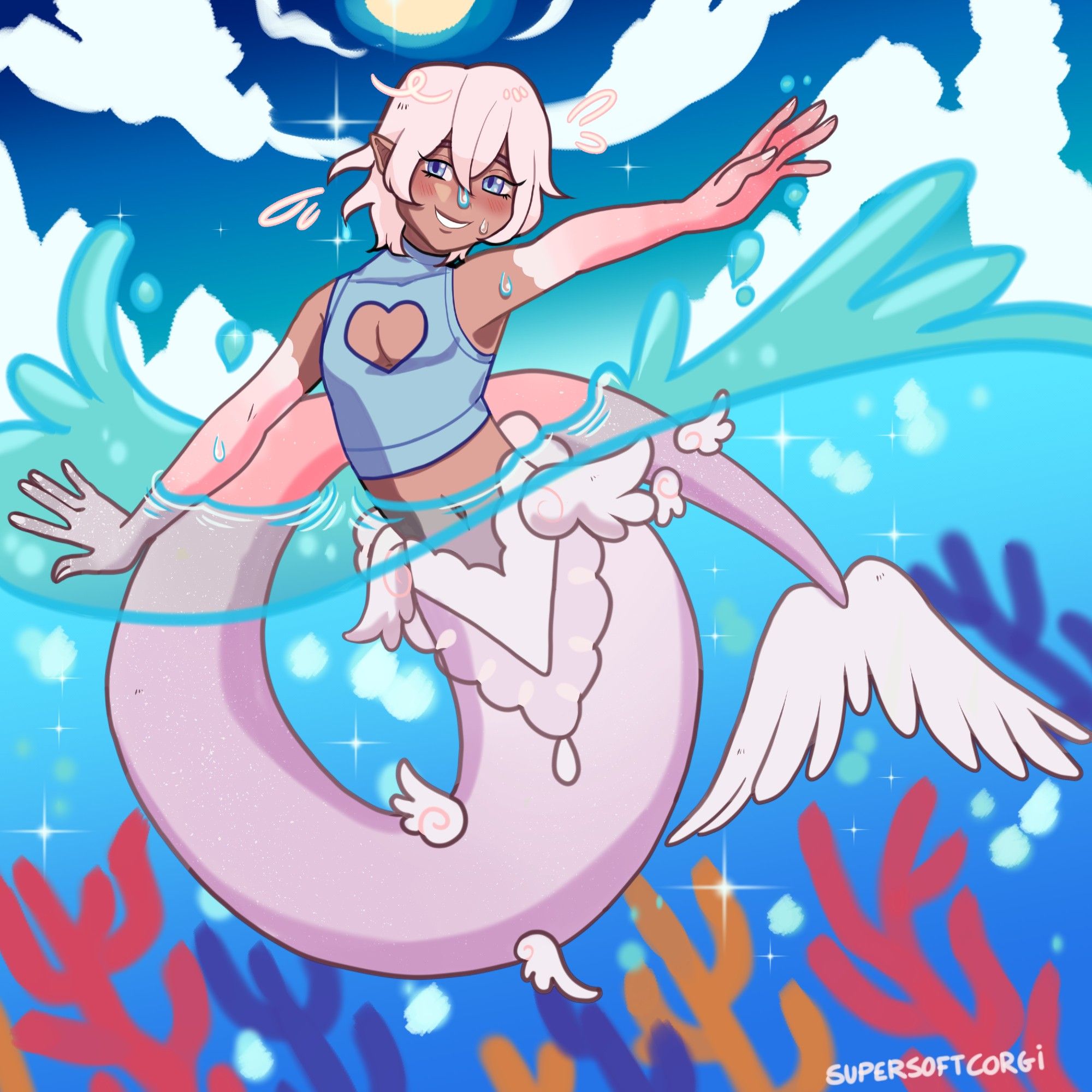 merfolk Mars (they/him) splashing out of the water. They are wearing a blue crop top with a heart cutout. Their arms are stretched outward. Their fins are small wings. There is orange, red, and purple coral underneath the water