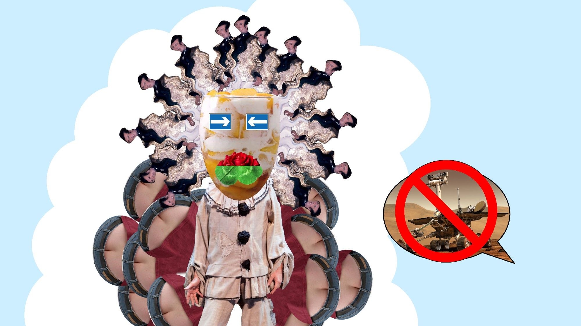 collage, against a dreamy white cloud backdrop, showing a humanoid figure with:
- complexion like peaches and cream
- lips like roses (top) and clover (bottom)
- eyes with "come-hither gleam", represented by blue arrow "This way" road signs pointing inwards
- lonely heart (and body/clothes, the heart is in there somewhere) like Pagliacci
- wavy hair like Liberace, in the same way that Medusa has wavy hair like snakes
- speechbubble from offscreen assuring the man that the singer is not a rover (Mars Exploration Rover crossed out)
- bum bum bum bum bum bum bum bum bum bum bum bum bum