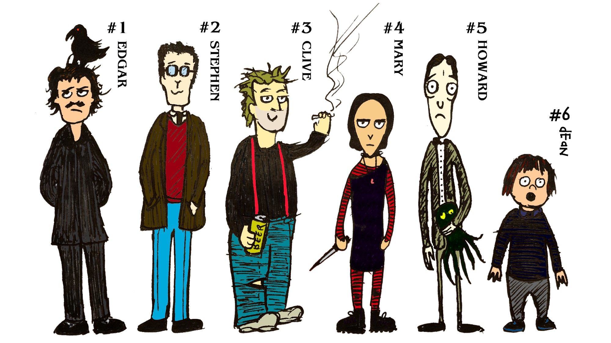 Cartoon by me of the of the main characters of "Submitted for the Approval of the Midnight Pals" characters, standing in a Usual Suspects style lineup. LTR:
#1: EDGAR (Allan Poe). A bemused looking man in black with a small moustache and a Raven perched on his head
#2 STEPHEN (King): A preppy-looking man in a sweater, jacket and ironed jeans
#3 CLIVE (Barker): A laid-back looking guy with torn jeans and red braces, holding a can of beer and a cigarette
#4 MARY (Shelley): A pissed-off-looking goth gal in a dark purple dress with red/black striped tights and sleeves and stompy boots, holding a switchblade
#5 HOWARD (HP Lovecraft): A pale, skinny, bulbous-eyed man in a tan suit, holding a stuffed octopus
#6 DEAN (Koontz): a bewildered child with a pudding-bowl haircut