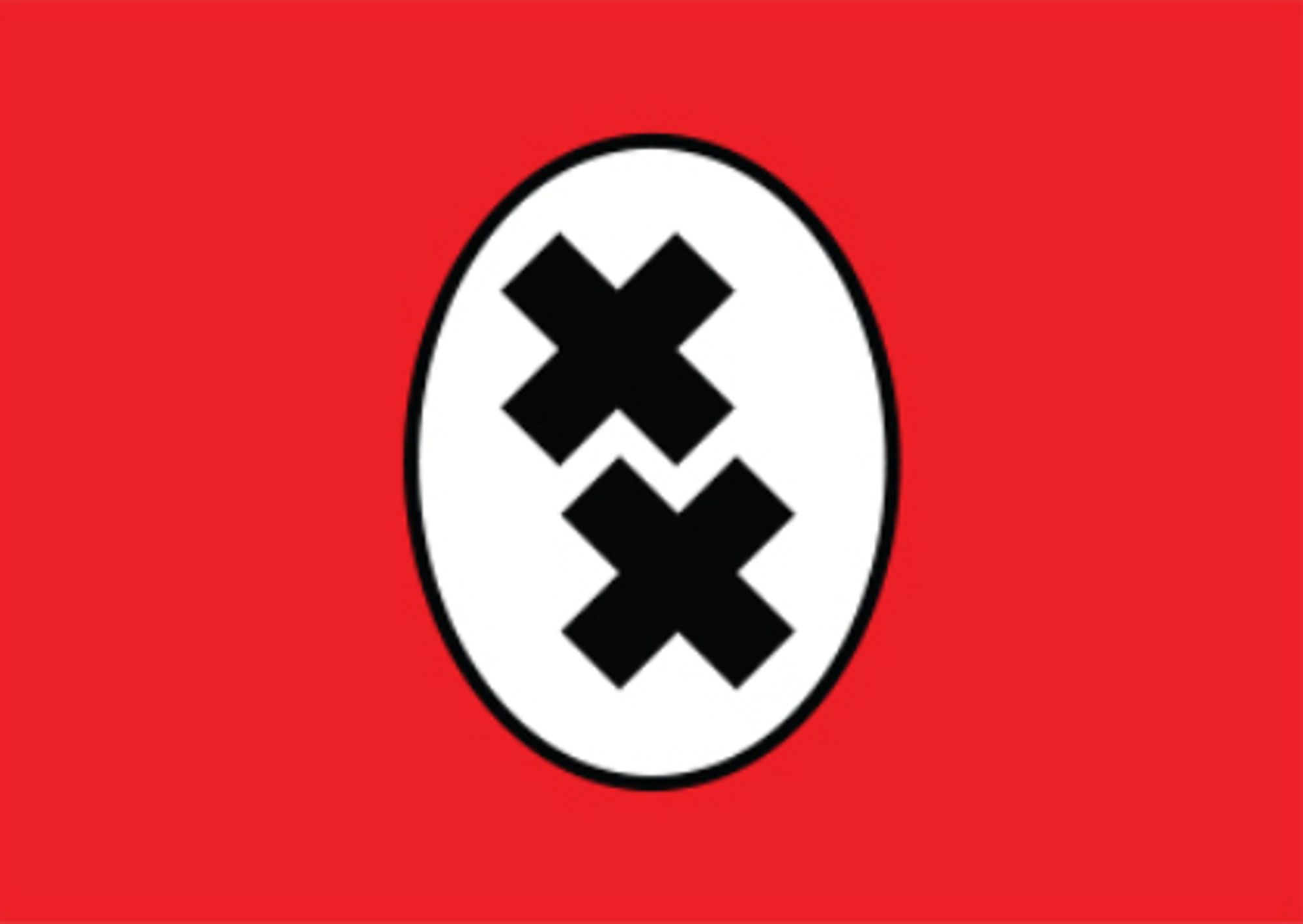 Flag of Tomania from Charlie Chaplin's "The Great Dictator", with two black X's, one above the other but not quite vertically aligned so that the whole thing has twofold rotational but not refectional symmetry, in a white vertically aligned oval shape with a black border on a red field. (A deliberate parody of the Nazi flag, obvs)