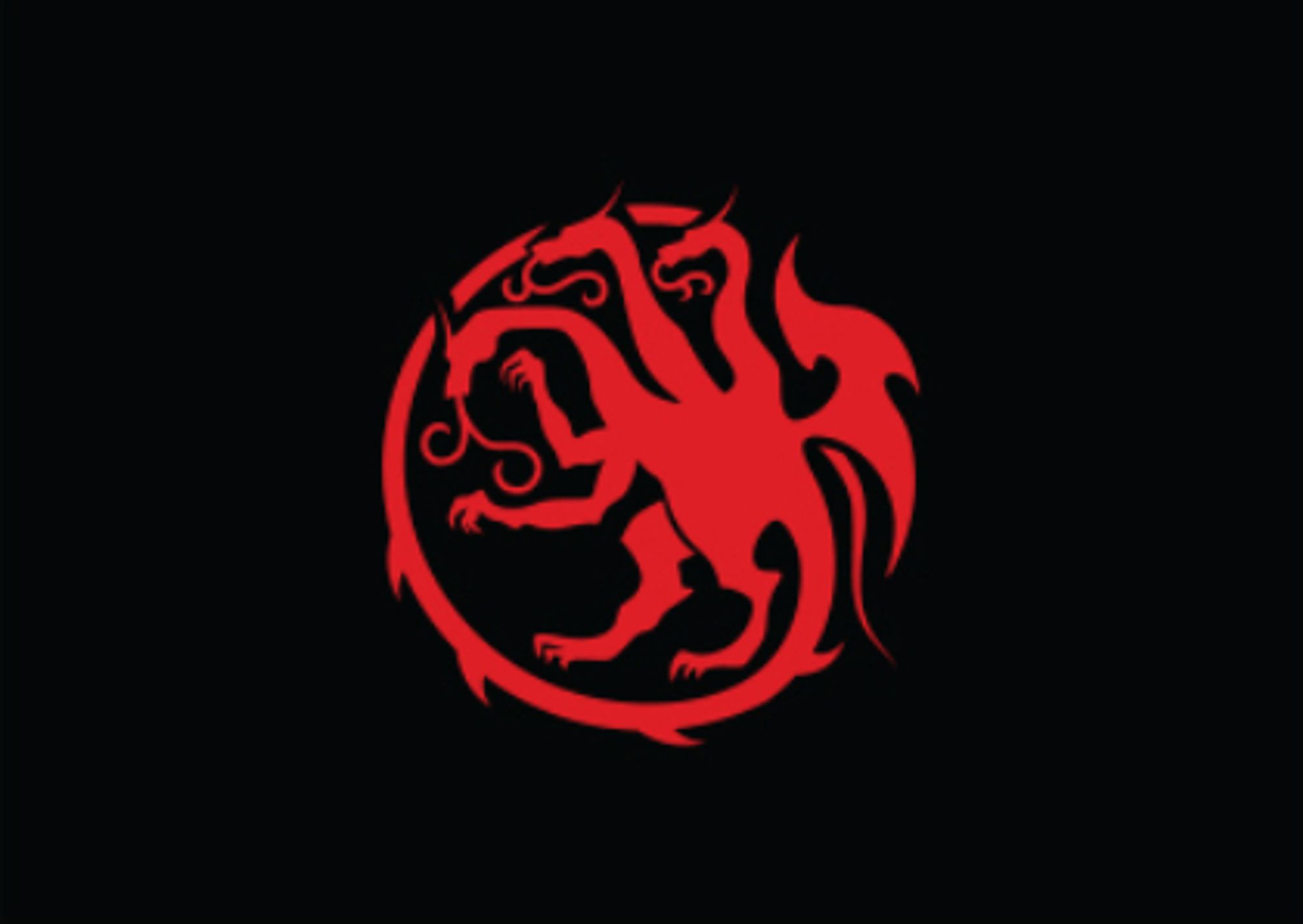 only two colours, and again not actually rotationally symmetric but evocative of it: the Targaryen flag from Game of Thrones, a red three-headed dragon, with its heads on curved necks, wings and spiked tail forming a counterclockwise sweeping circle, on a black field