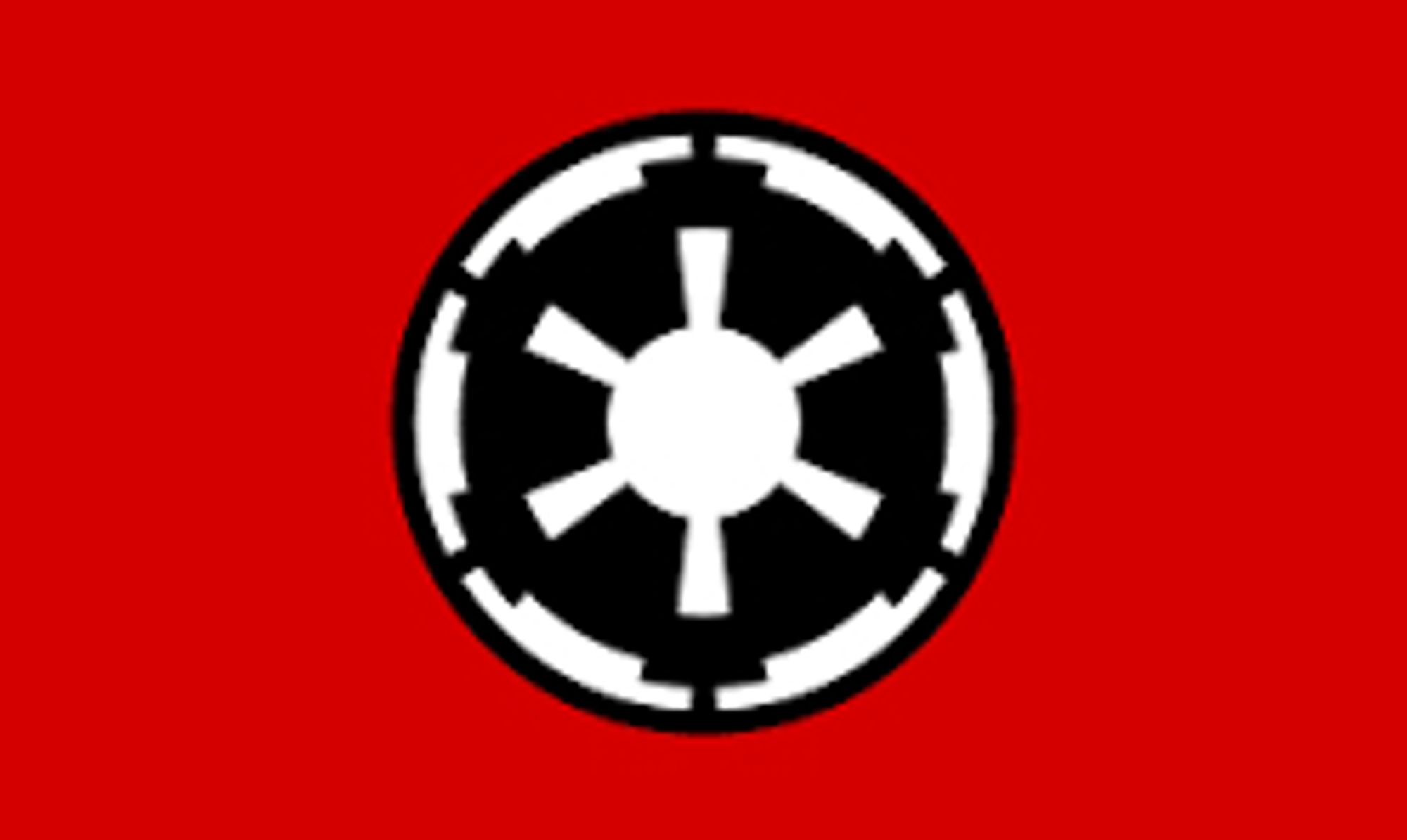 Flag of the Galactic Empire from Star Wars, a ship's-wheel-like symbol in black and white on a red field