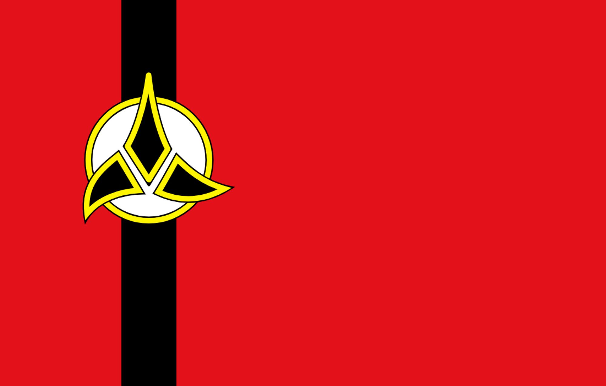 Klingon flag from "Star Trek", with a—I've just noticed it's not quite rotationally symmetric, but near enough to evoke the impression—symbol with three curved triangles in black and yellow on a white circle with a yellow border