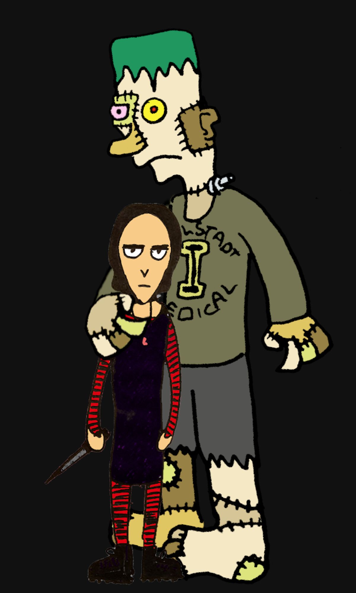 Drawing by me of the Midnight Pals' version of Mary Shelley, as a modern goth young woman wearing a purple dress, red and black striped sleeves and leggings, clumpy boots, a choker, and a calcified heart on a pendant, holding a knife. Standing with its arm around Mary's shoulders is a Frankenstein-type monster, skin of various colours stitched together, wearing torn shorts and an "Ingolstdadt Medical" college shirt