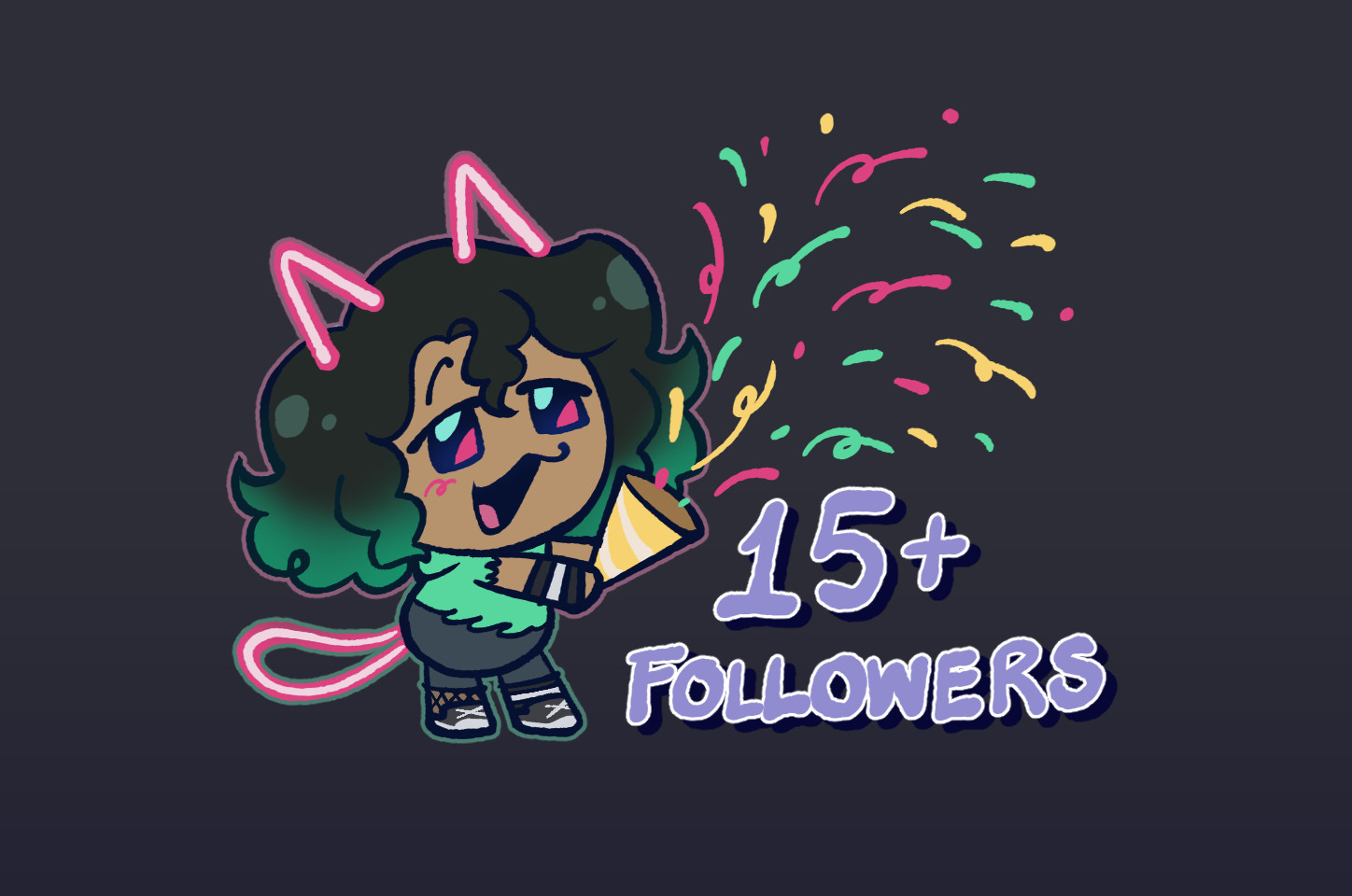 gitial drawing illustration a person popping confetti with the text 15+ followers below