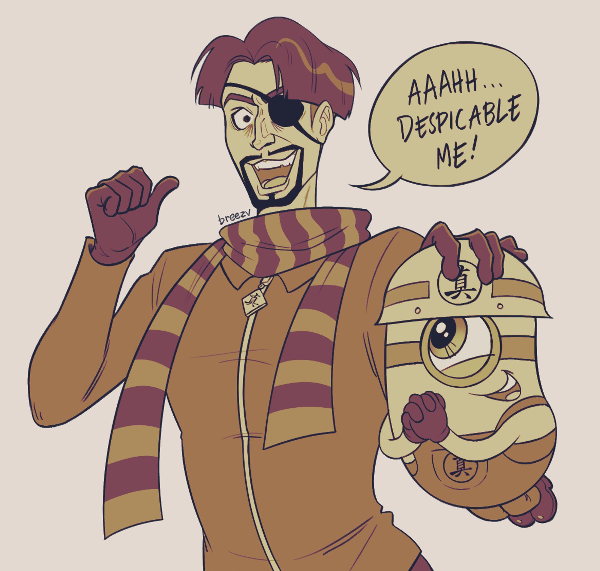 a digital illustration of majima goro from the video game series yakuza. he is saying "aaahh... despicable me!" he is dressed like gru from despicable me, and is holding up a minion wearing a construction helmet by the skull.