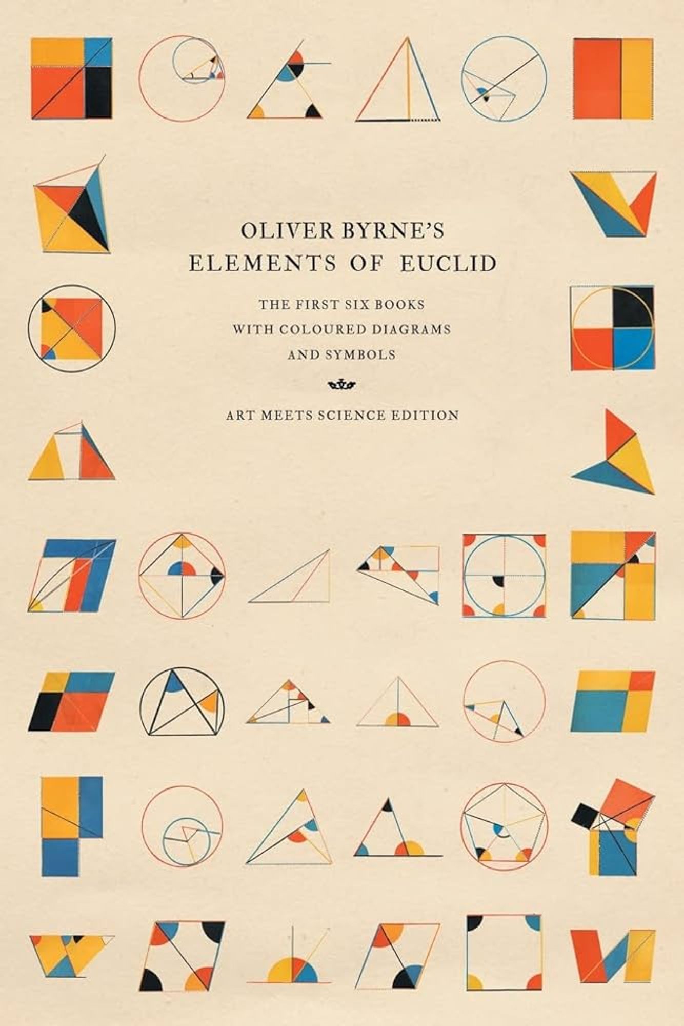 Title page of Byrne's Elements of Euclids, surrounded by geometric diagrams made of blocks of colour. The whole thing looks like a Mondrian print or something.