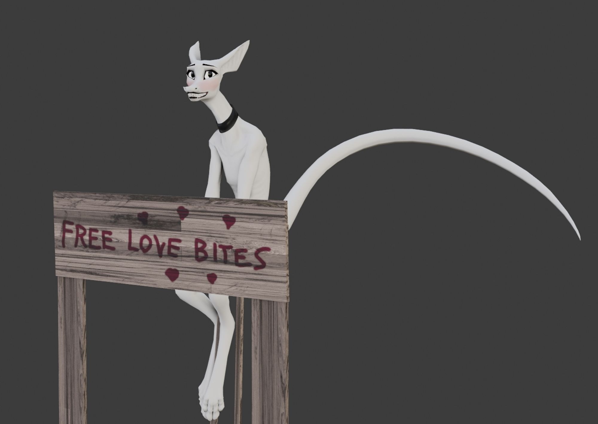 Blushy Saz sitting behind a crudely hacked-together wooden sign with "FREE LOVE BITES 💕" scrawled on it