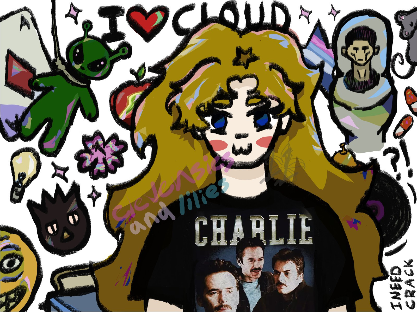 vens sona (long curly blonde hair, blue eyes, pale), wearing a charlie swan graphic tshirt with doodles in the background including playing cards, records, badtzmaru, aftonsparv the alien, skibidi toliet, and writing reading "i heart cloud"